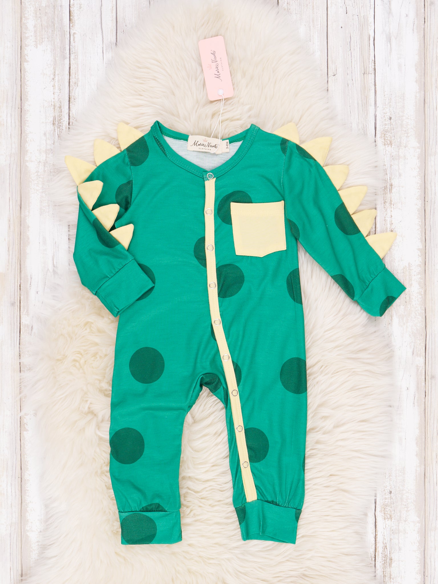Green and Yellow Dot Dino Sleeper Pajamas - Marie Nicole Clothing