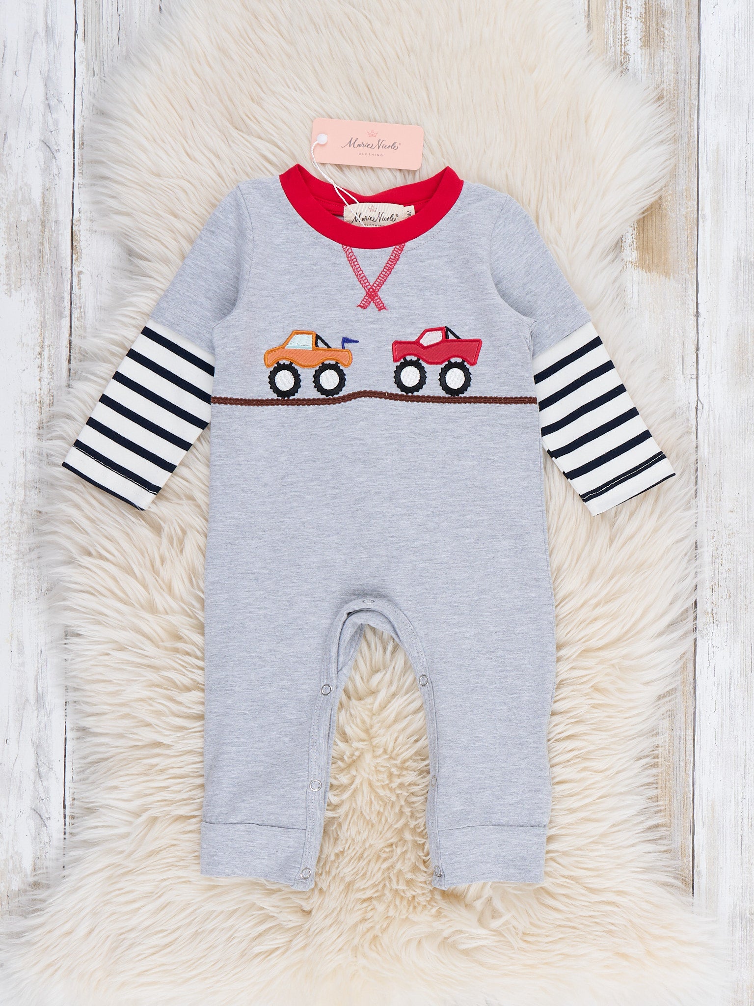 Fast Cars Embroidered Stripe Romper - Marie Nicole Clothing