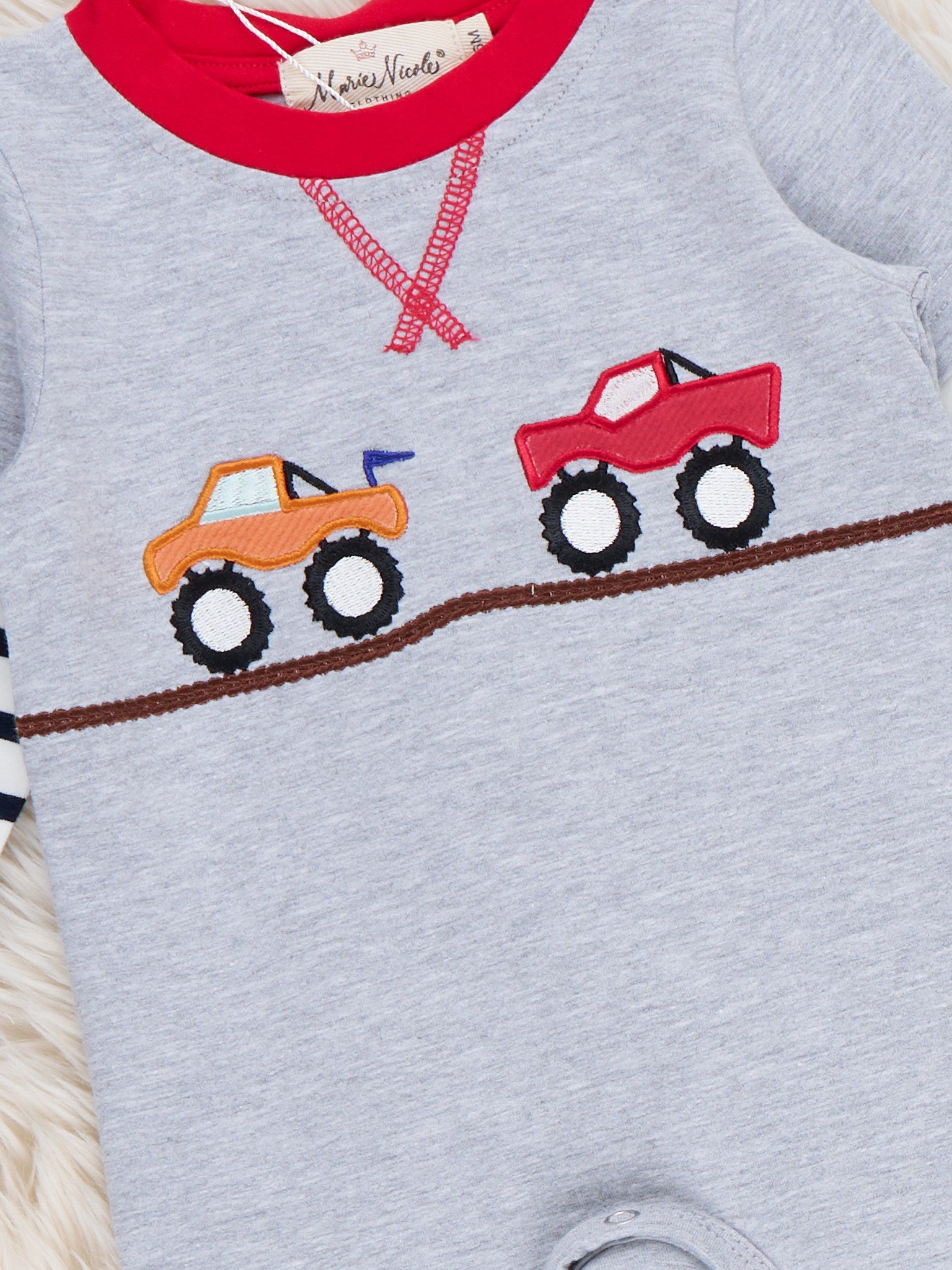 Fast Cars Embroidered Stripe Romper - Marie Nicole Clothing