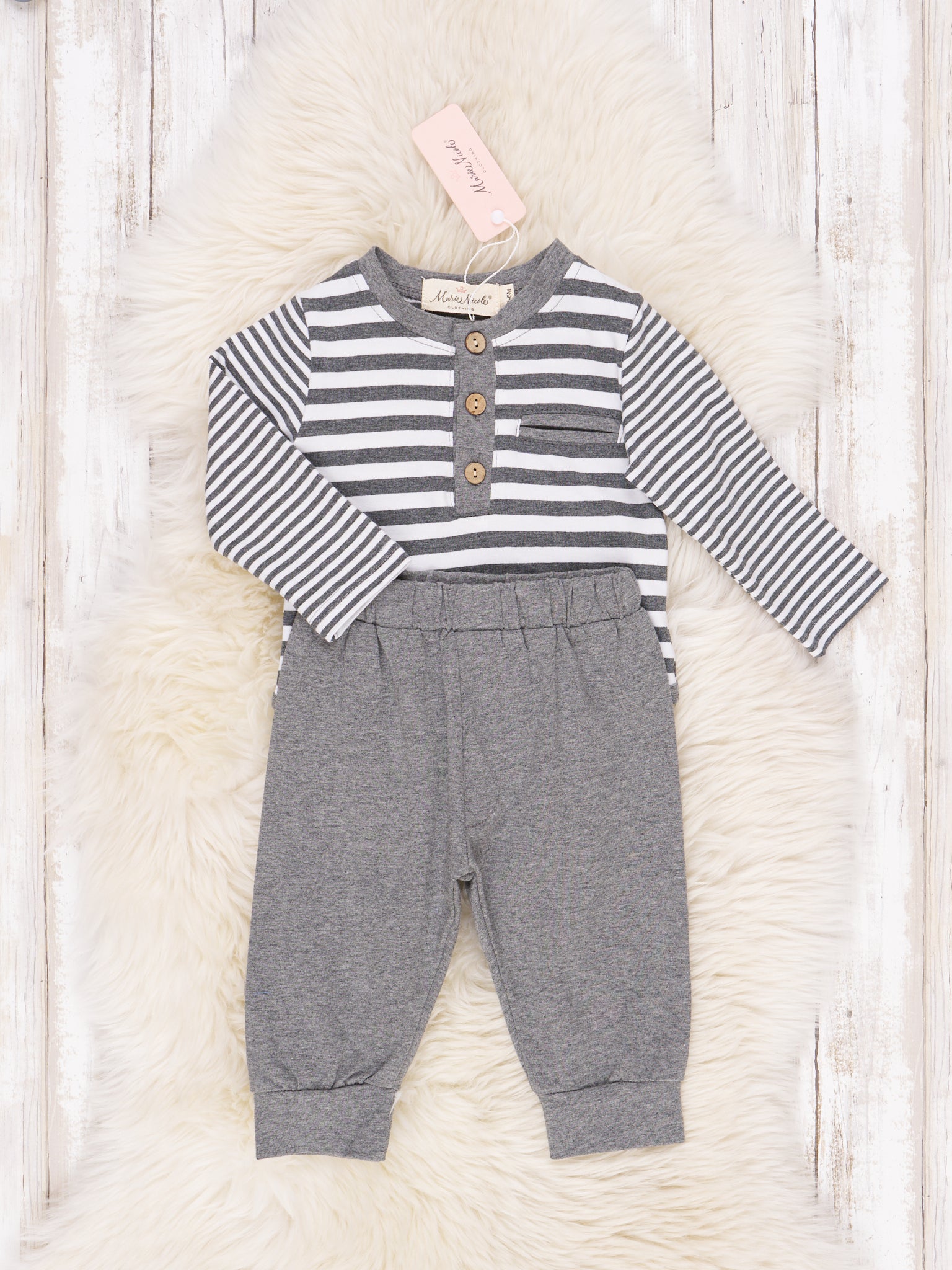 Double Stripe Pocket Henley Romper Outfit - Marie Nicole Clothing