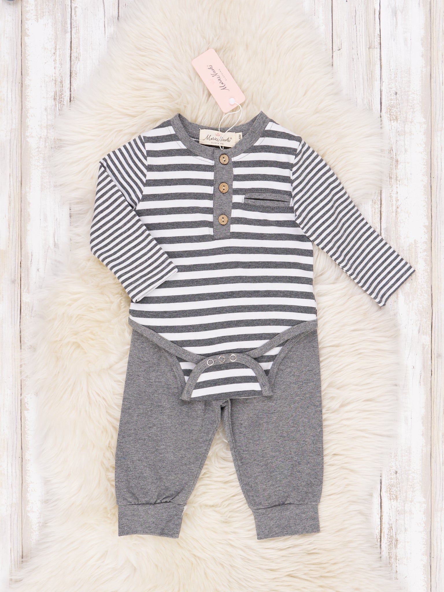 Double Stripe Pocket Henley Romper Outfit - Marie Nicole Clothing