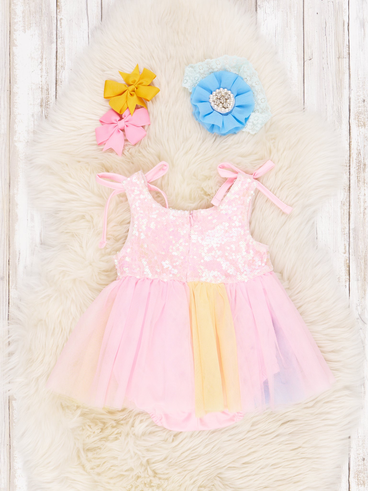 Pink Sequin Rainbow Tulle Dressy Romper - Marie Nicole Clothing