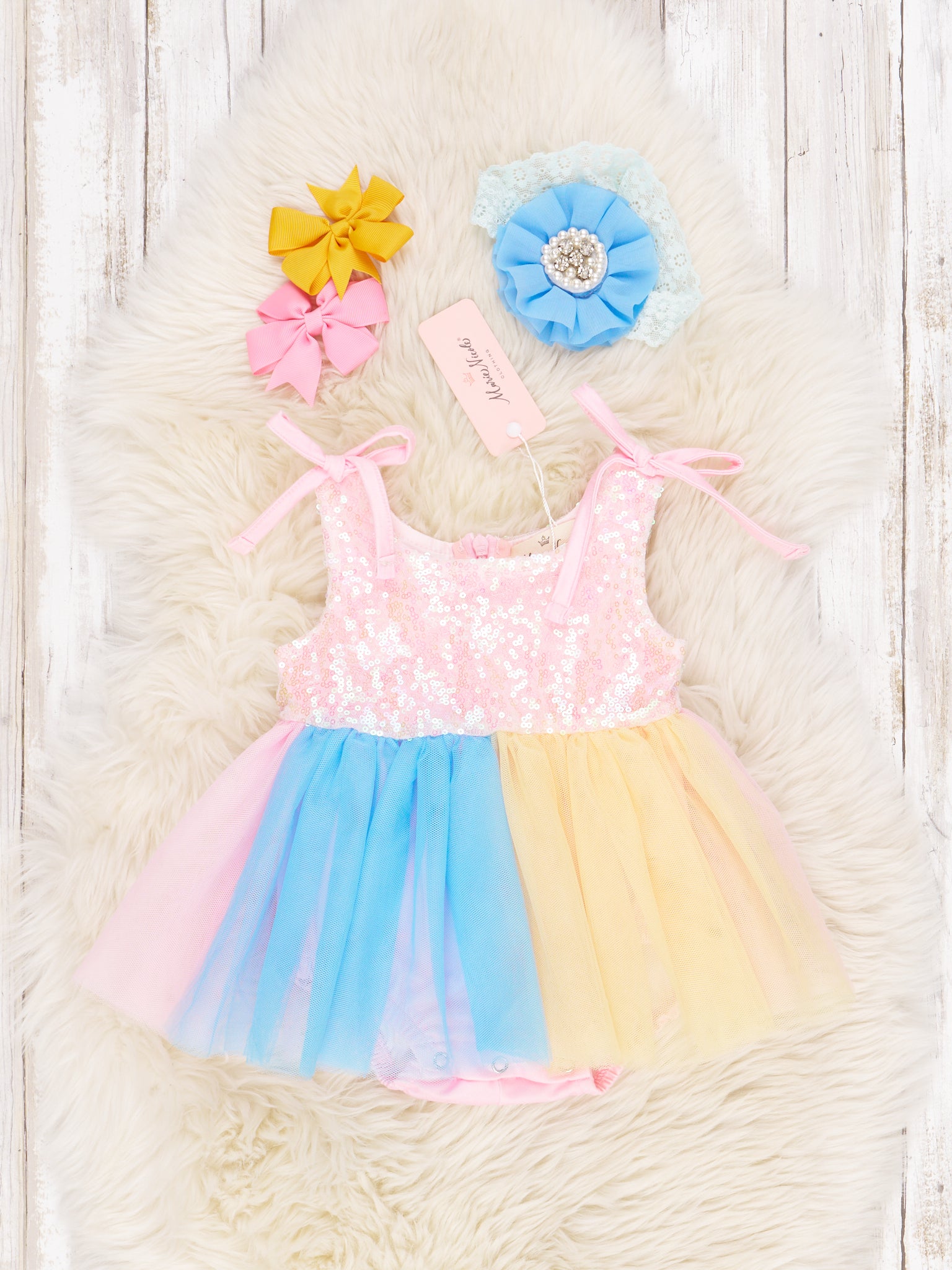 Pink Sequin Rainbow Tulle Dressy Romper - Marie Nicole Clothing