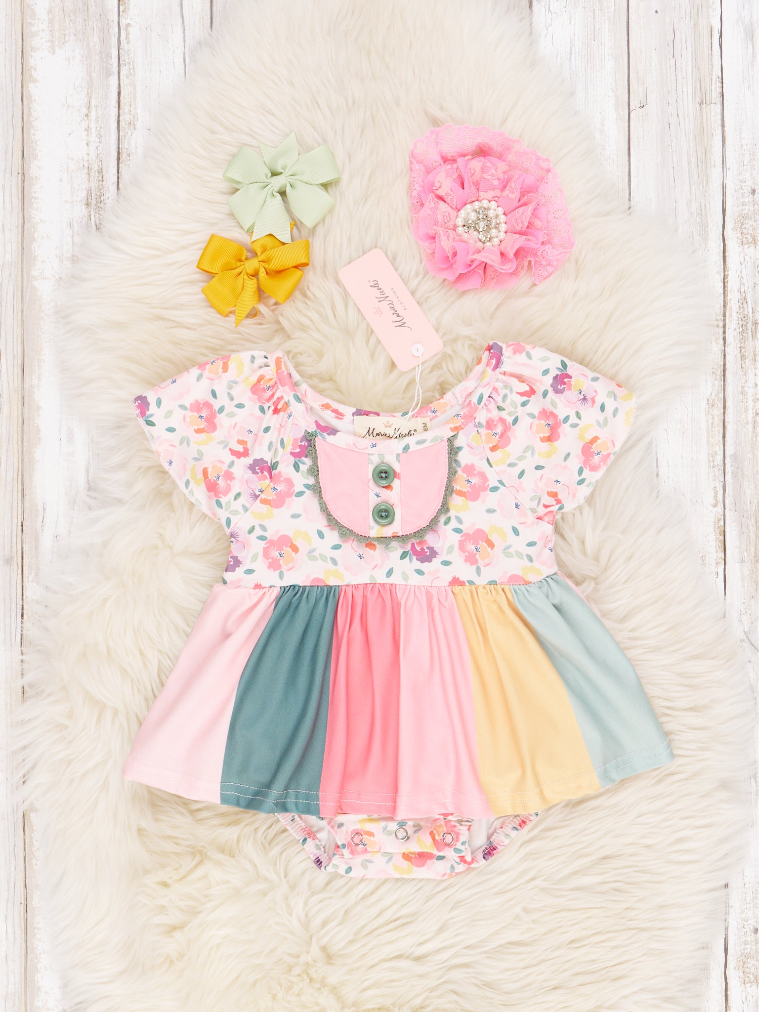 Rainbow Stripe Floral Dressy Romper - Marie Nicole Clothing
