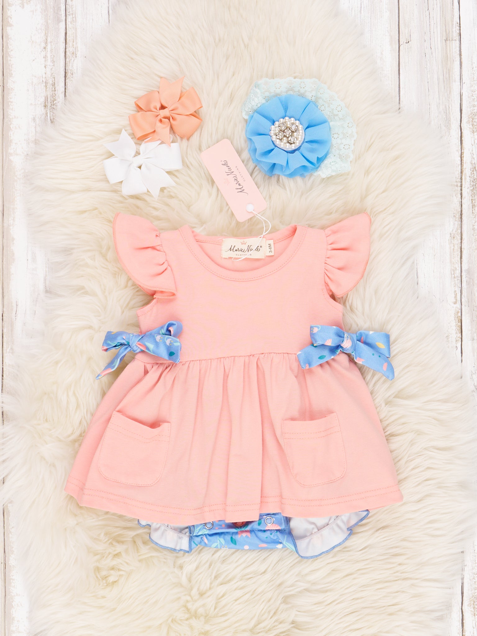 Peach Floral Ruffle Bow Romper - Marie Nicole Clothing