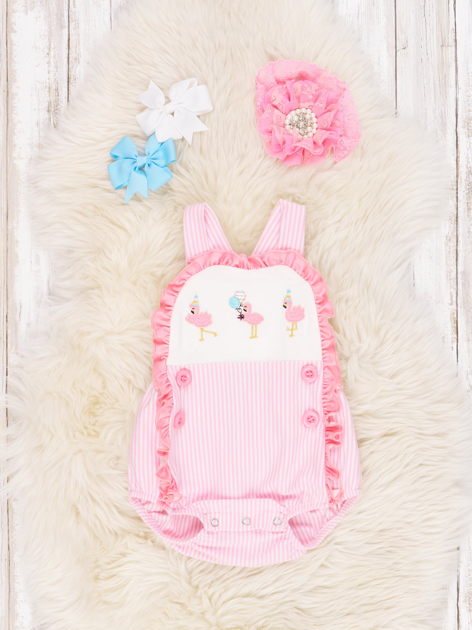 Pink Pinstripe Flamingo Ruffle Romper - Marie Nicole Clothing