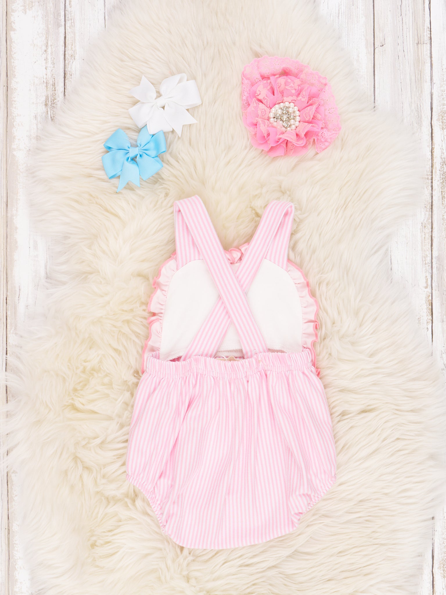 Pink Pinstripe Flamingo Ruffle Romper - Marie Nicole Clothing
