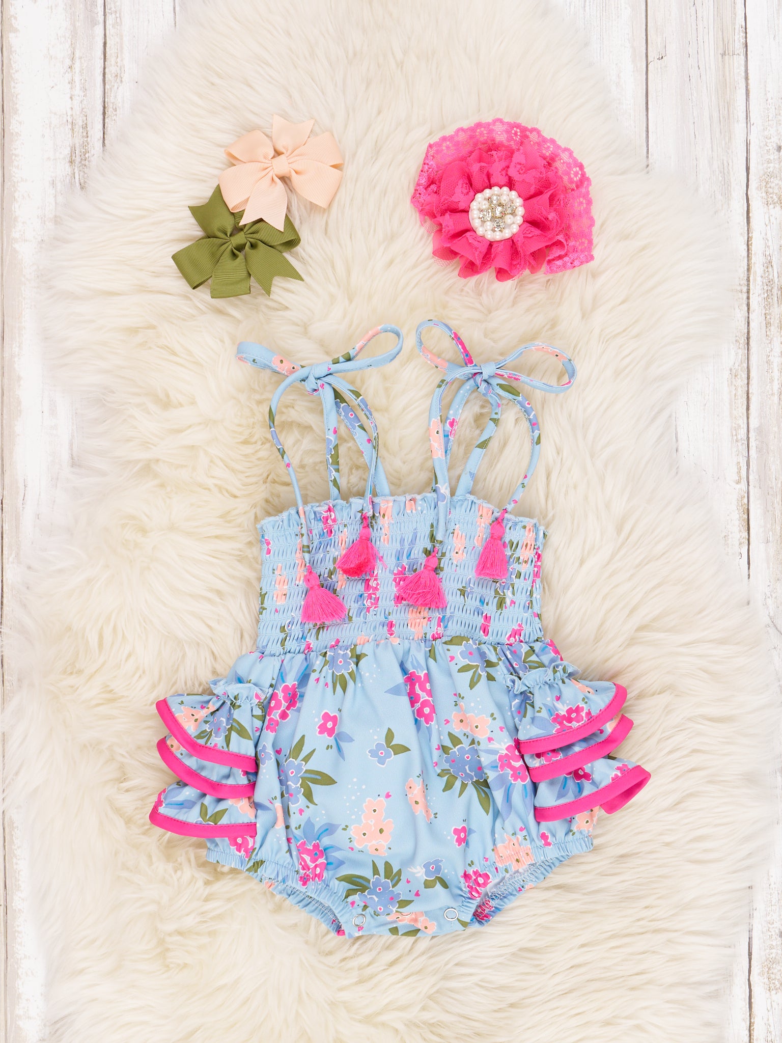 Smocked Hydrangea Tie Tassel Romper - Marie Nicole Clothing