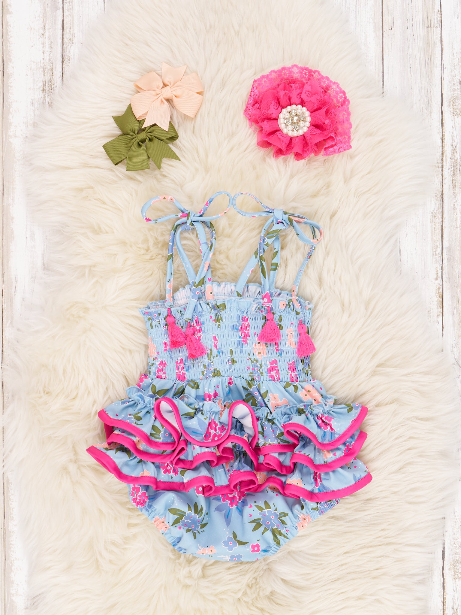 Smocked Hydrangea Tie Tassel Romper - Marie Nicole Clothing