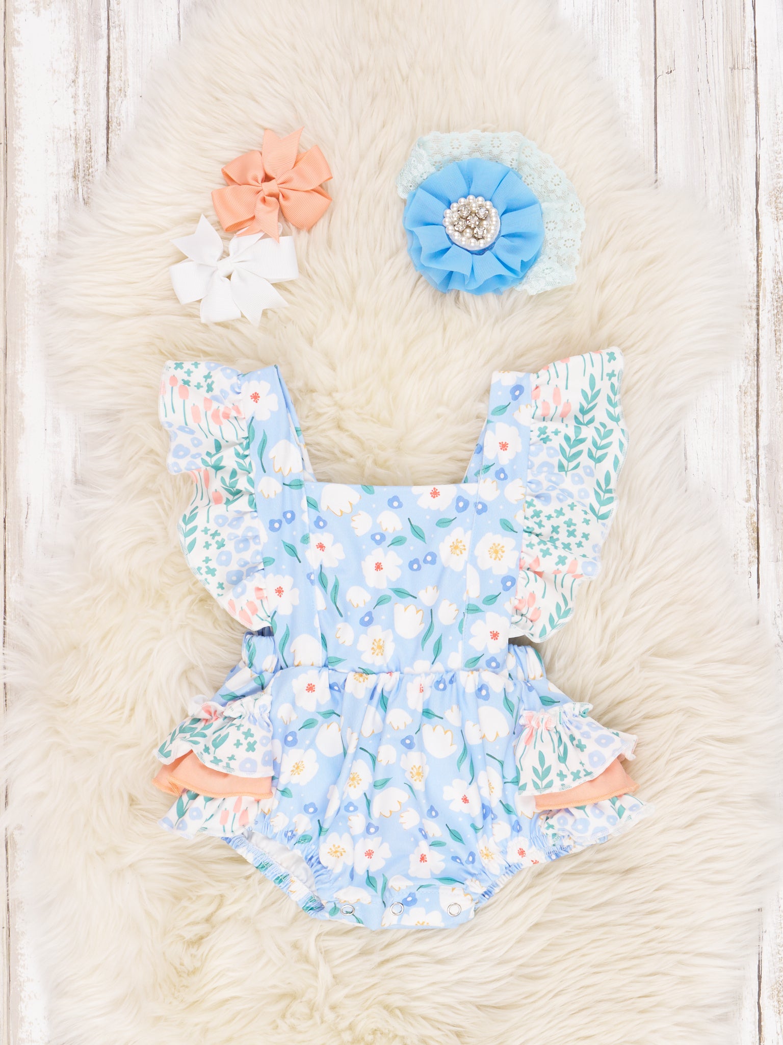Light Orange Daisy Ruffle Romper - Marie Nicole Clothing