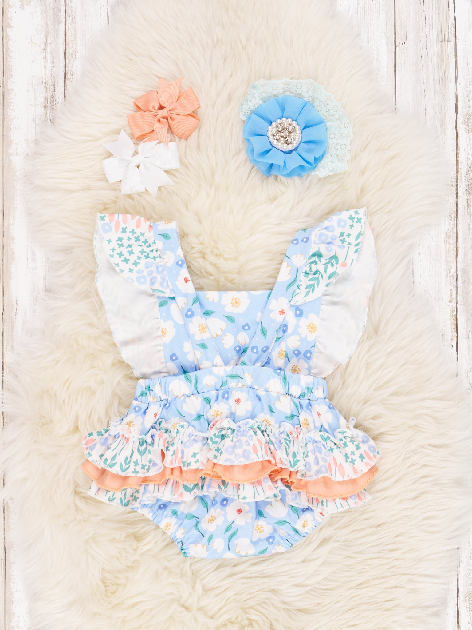 Light Orange Daisy Ruffle Romper - Marie Nicole Clothing