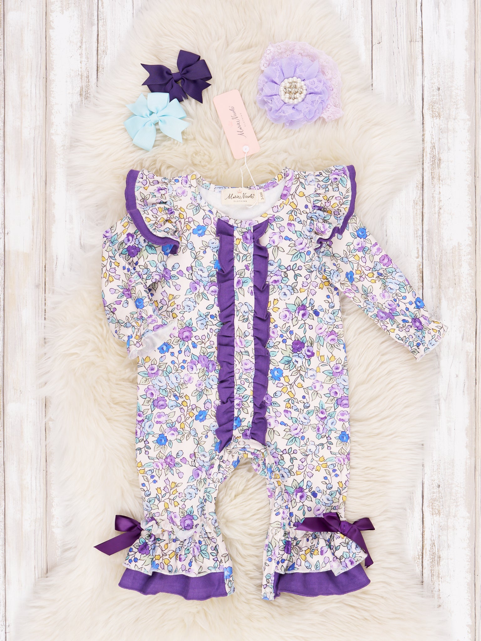 Purple Bouquet Ruffle Romper - Marie Nicole Clothing