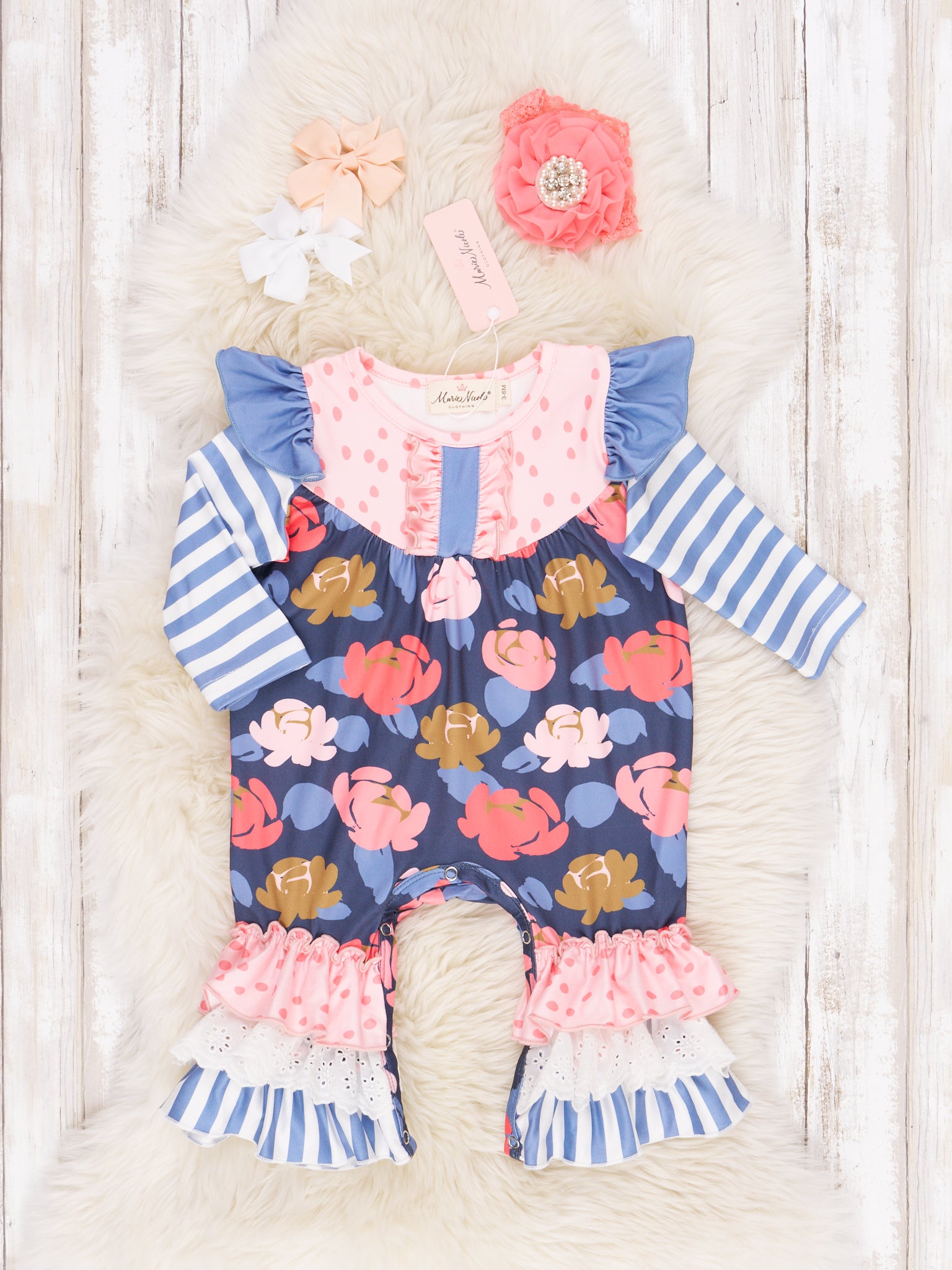 Pink & Blue Garden Ruffle Romper - Marie Nicole Clothing