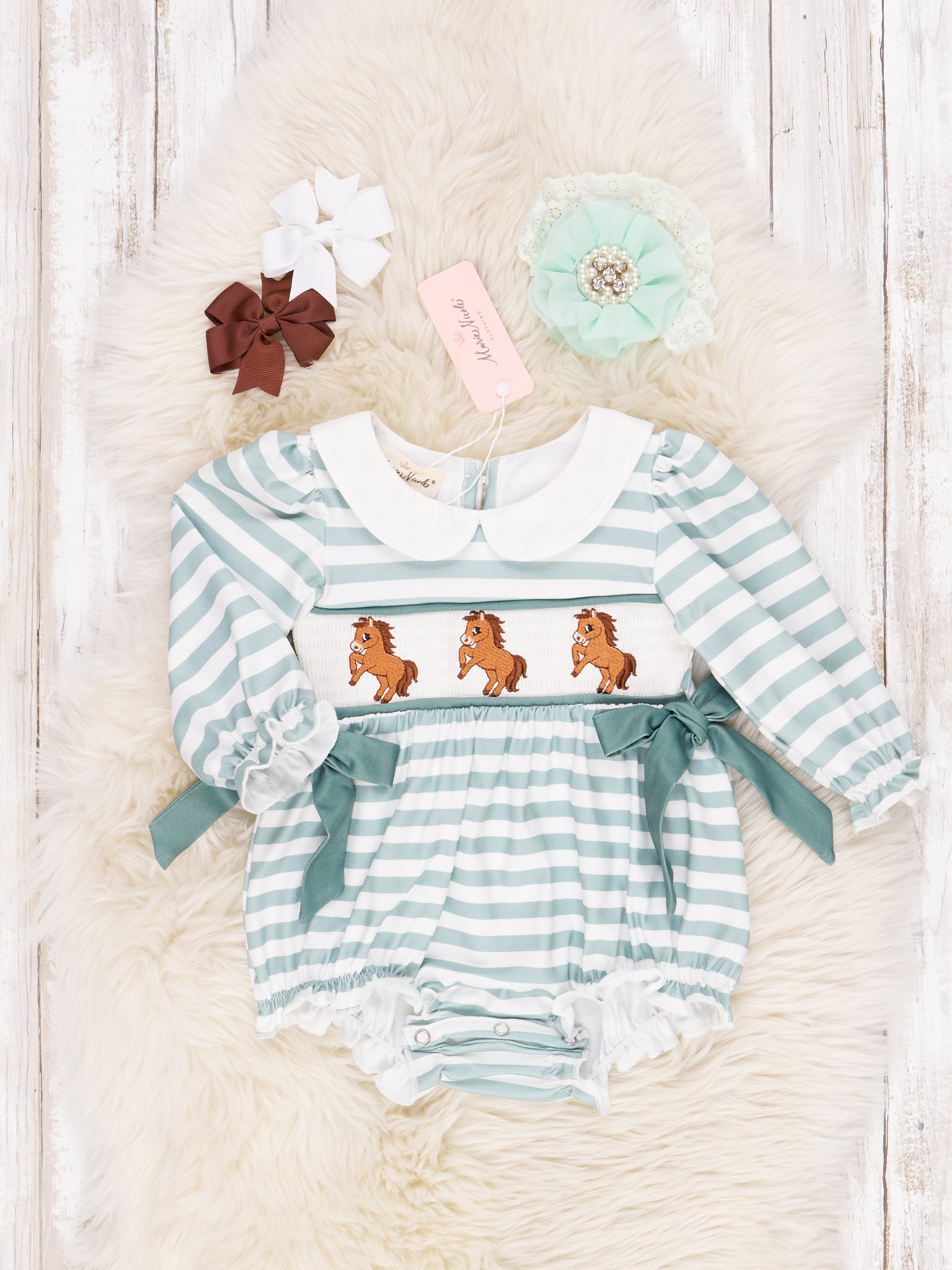 Green & White Stripe Embroidered Horse Bubble Romper - Marie Nicole Clothing