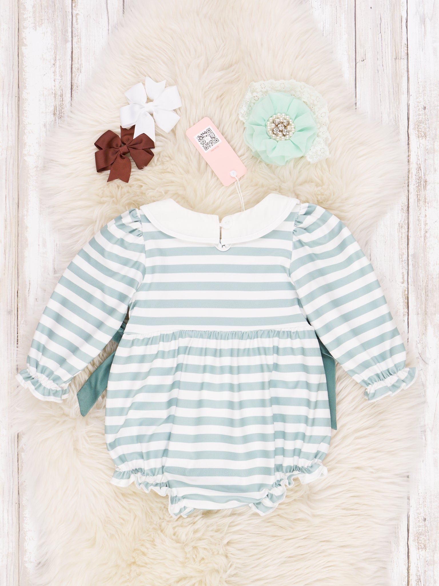 Green & White Stripe Embroidered Horse Bubble Romper - Marie Nicole Clothing