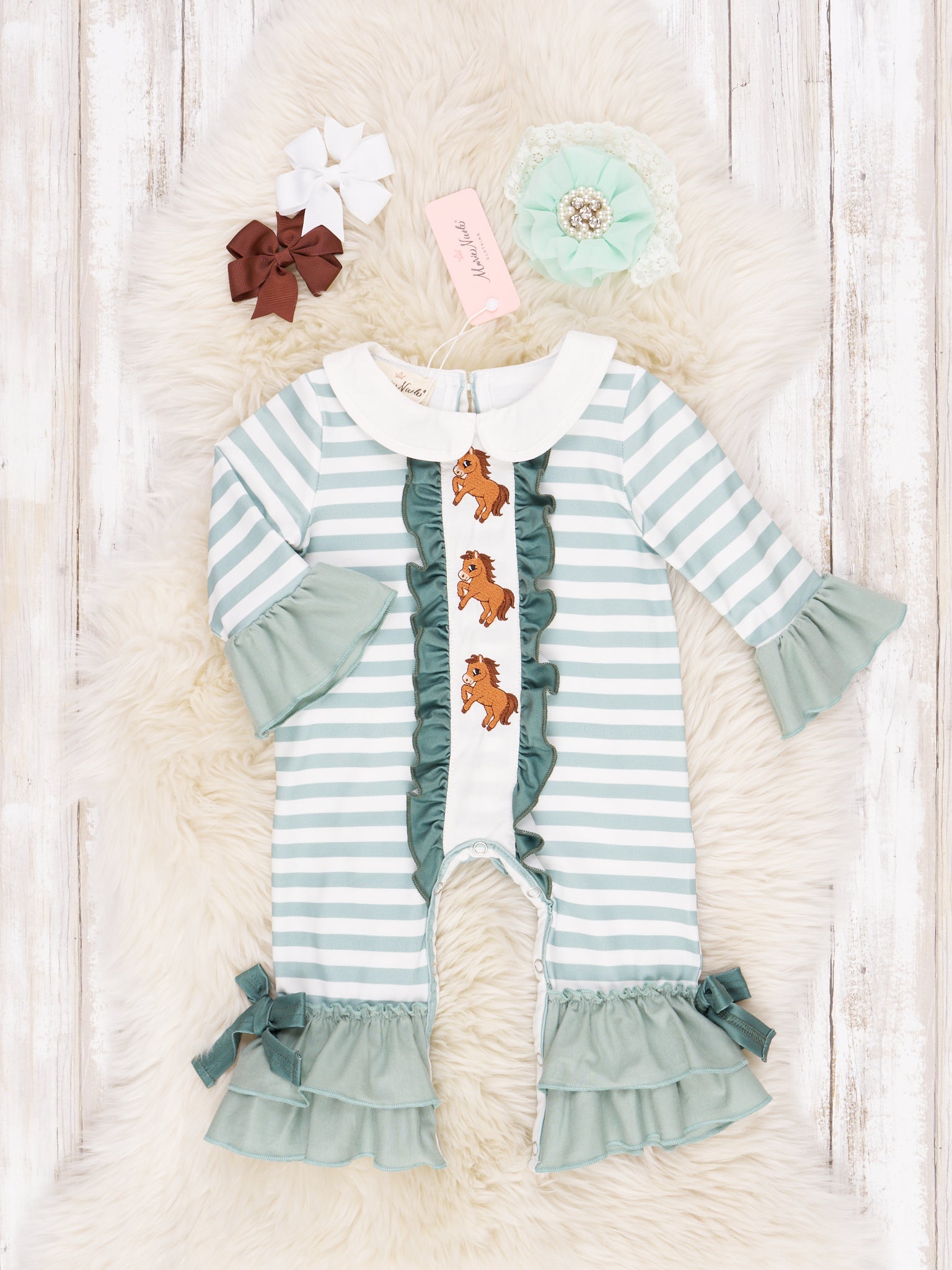 Green & White Stripe Embroidered Horse Ruffle Romper - Marie Nicole Clothing