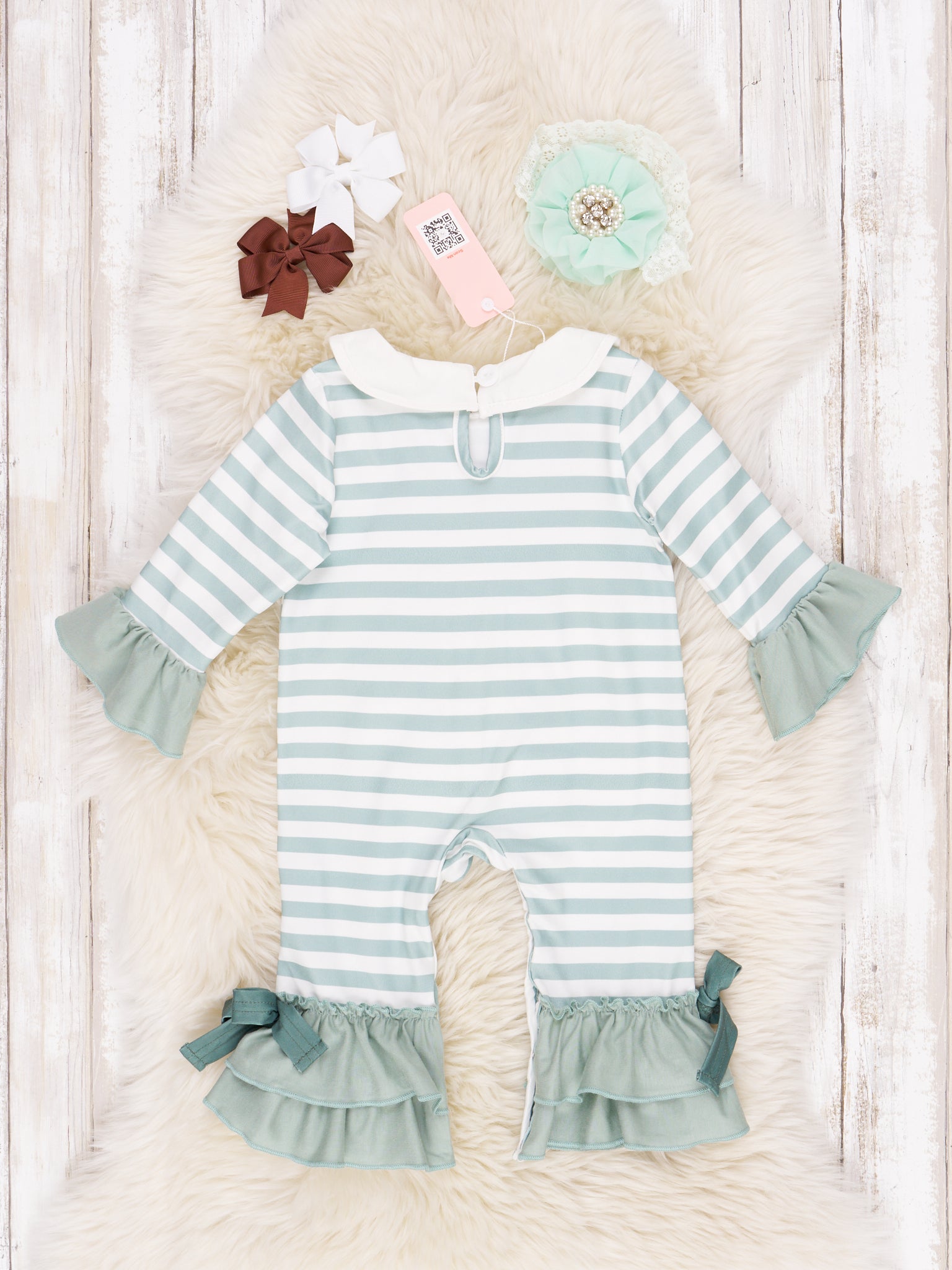 Green & White Stripe Embroidered Horse Ruffle Romper - Marie Nicole Clothing