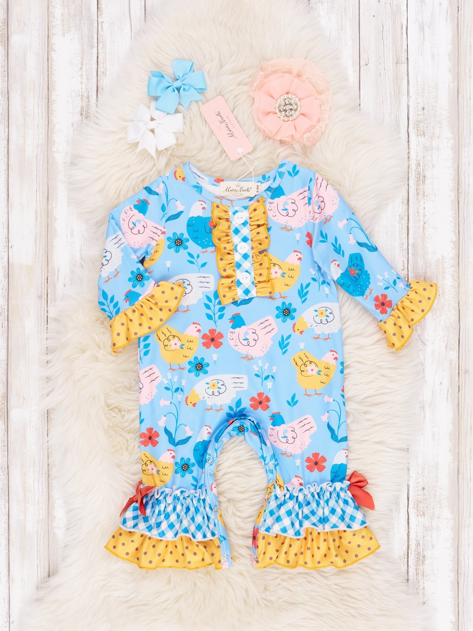 Yellow Dot Chicken Ruffle Romper - Marie Nicole Clothing