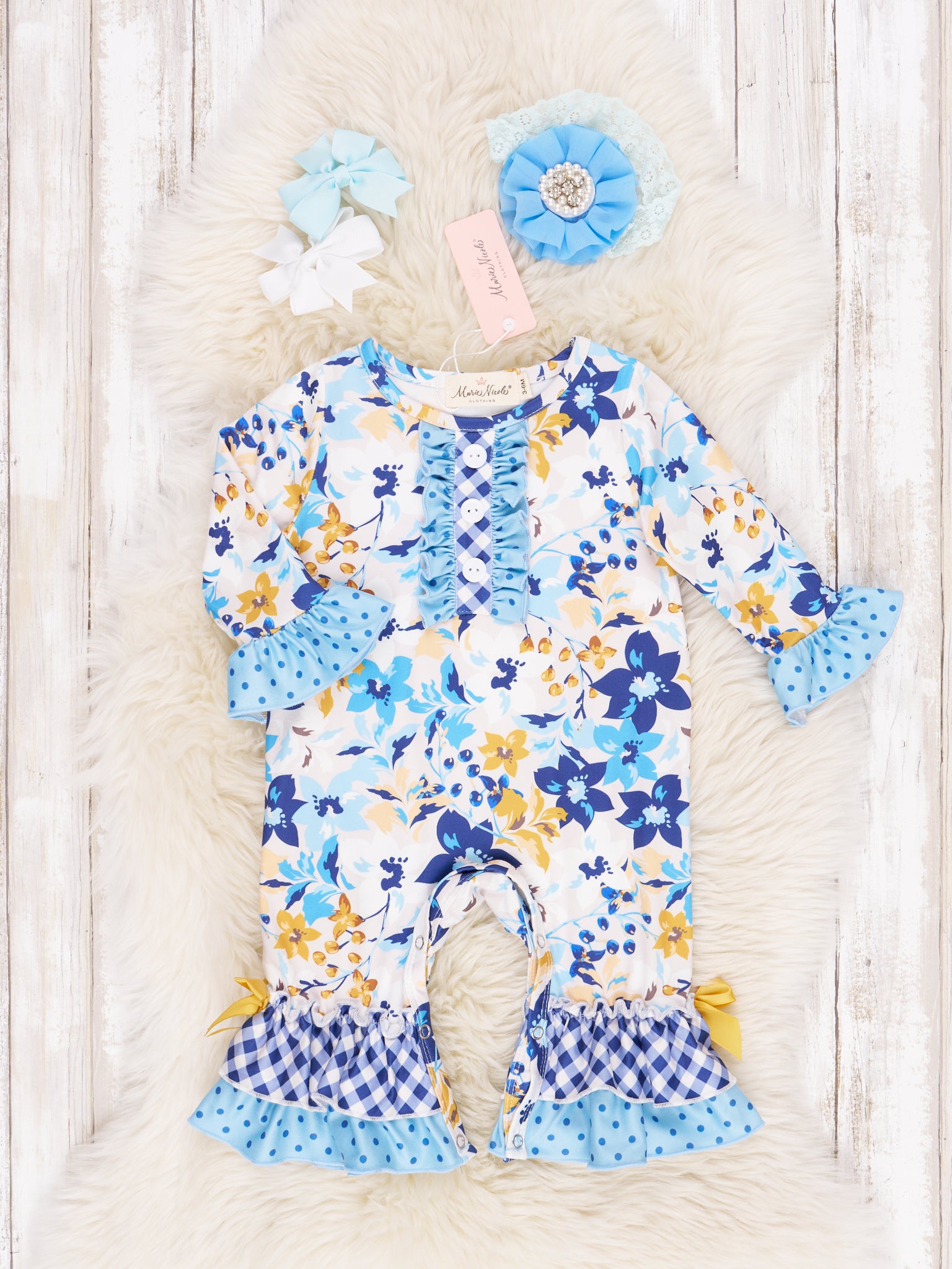 Blue Floral & Gingham Ruffle Romper - Marie Nicole Clothing