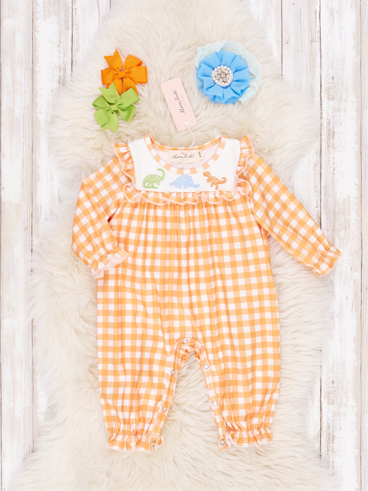 Orange Gingham Dinosaur Ruffle Romper - Marie Nicole Clothing
