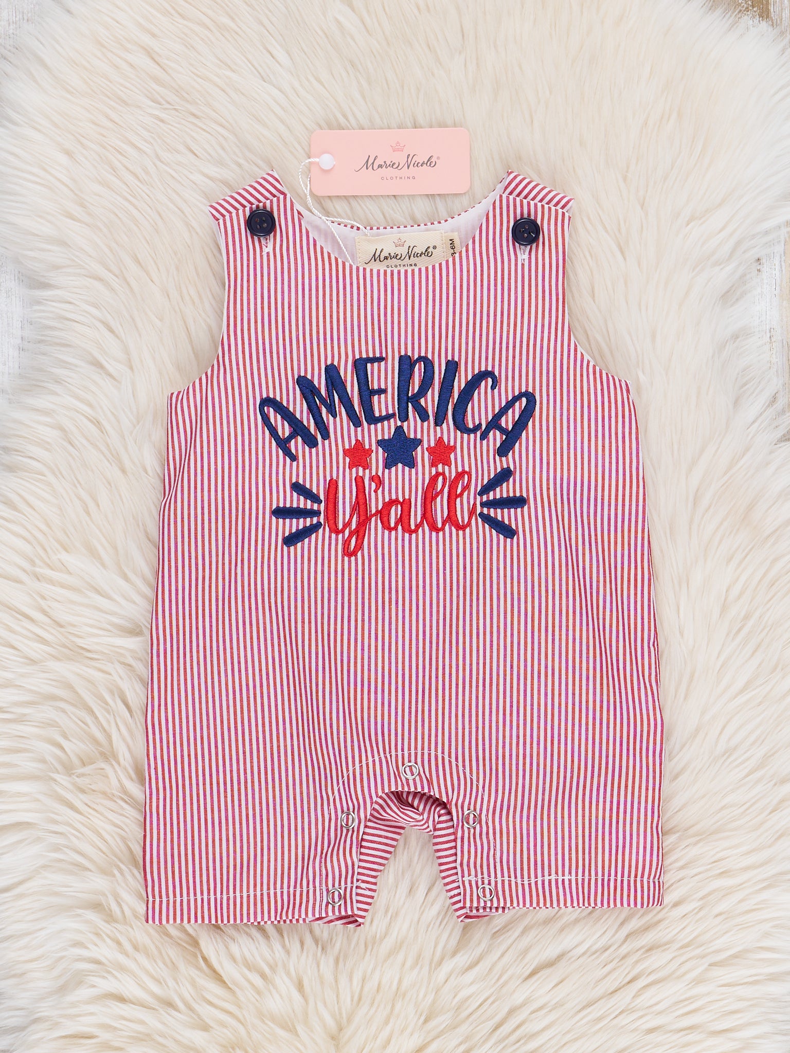 Red "America, Y'all" Embroidered 100% Cotton Johnny - Marie Nicole Clothing