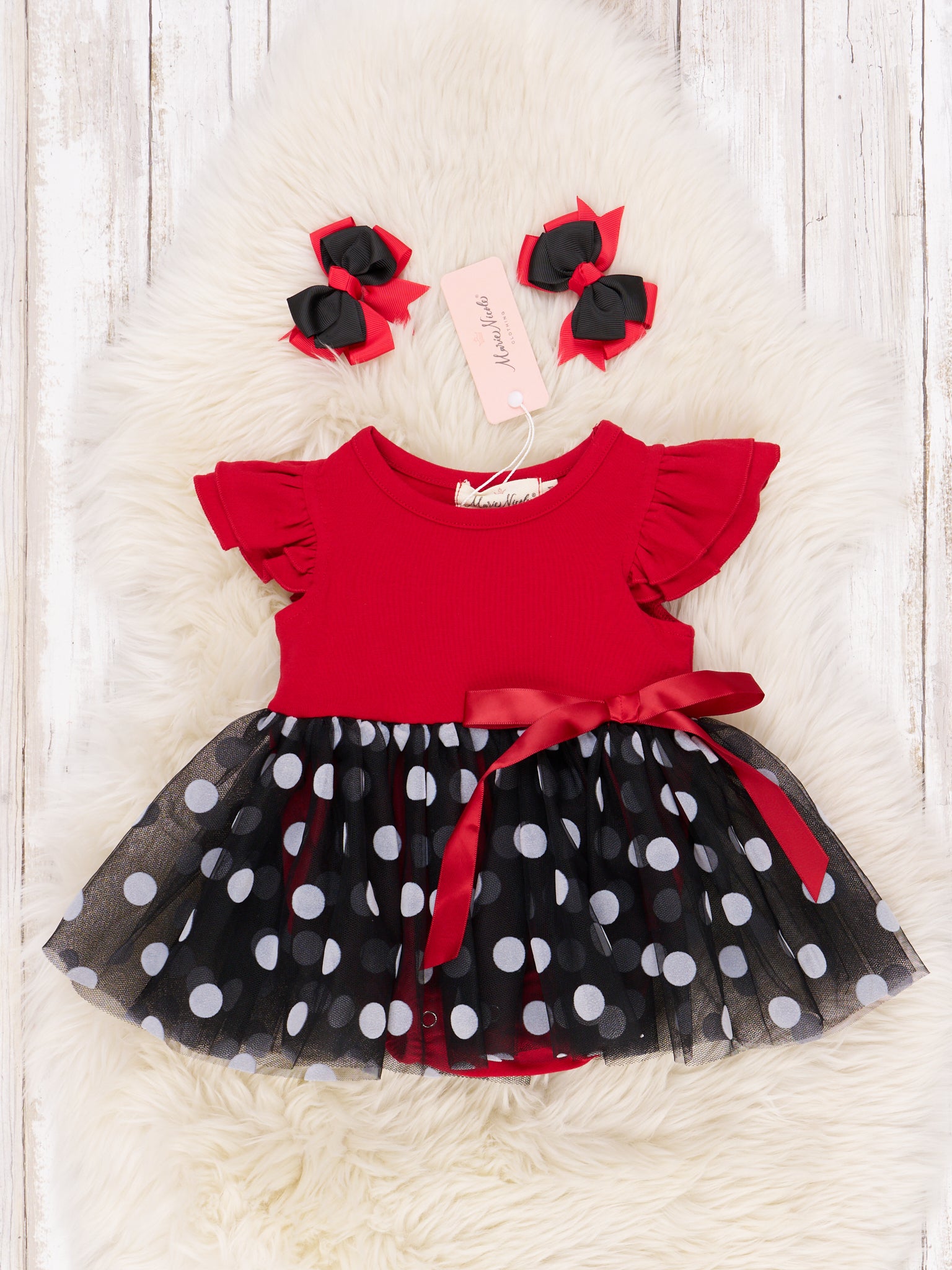 Red & Black Polka Dot Tulle Dressy Romper - Marie Nicole Clothing