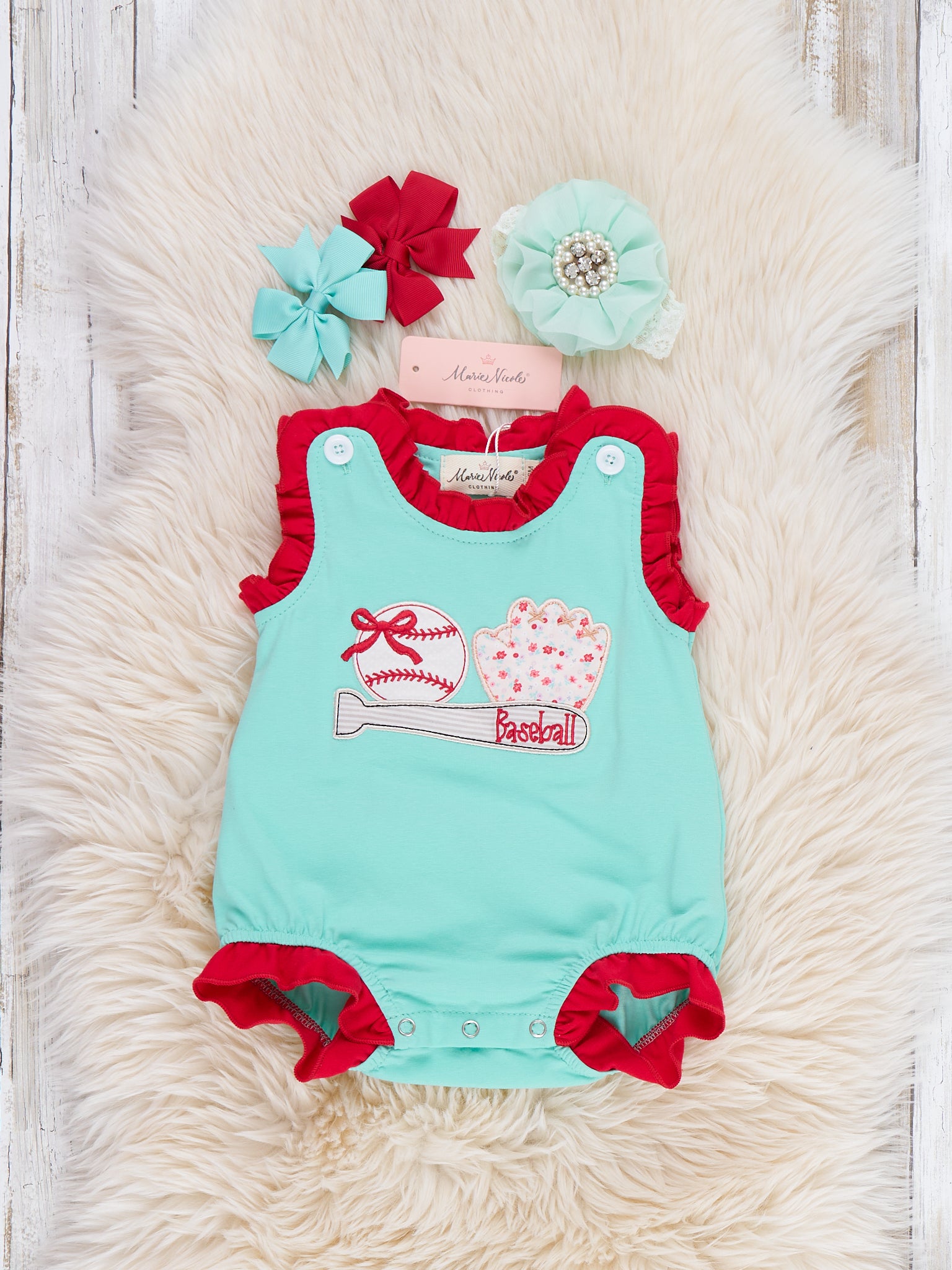 Rookie League Baseball Embroidered Cotton Bubble Romper - Marie Nicole Clothing