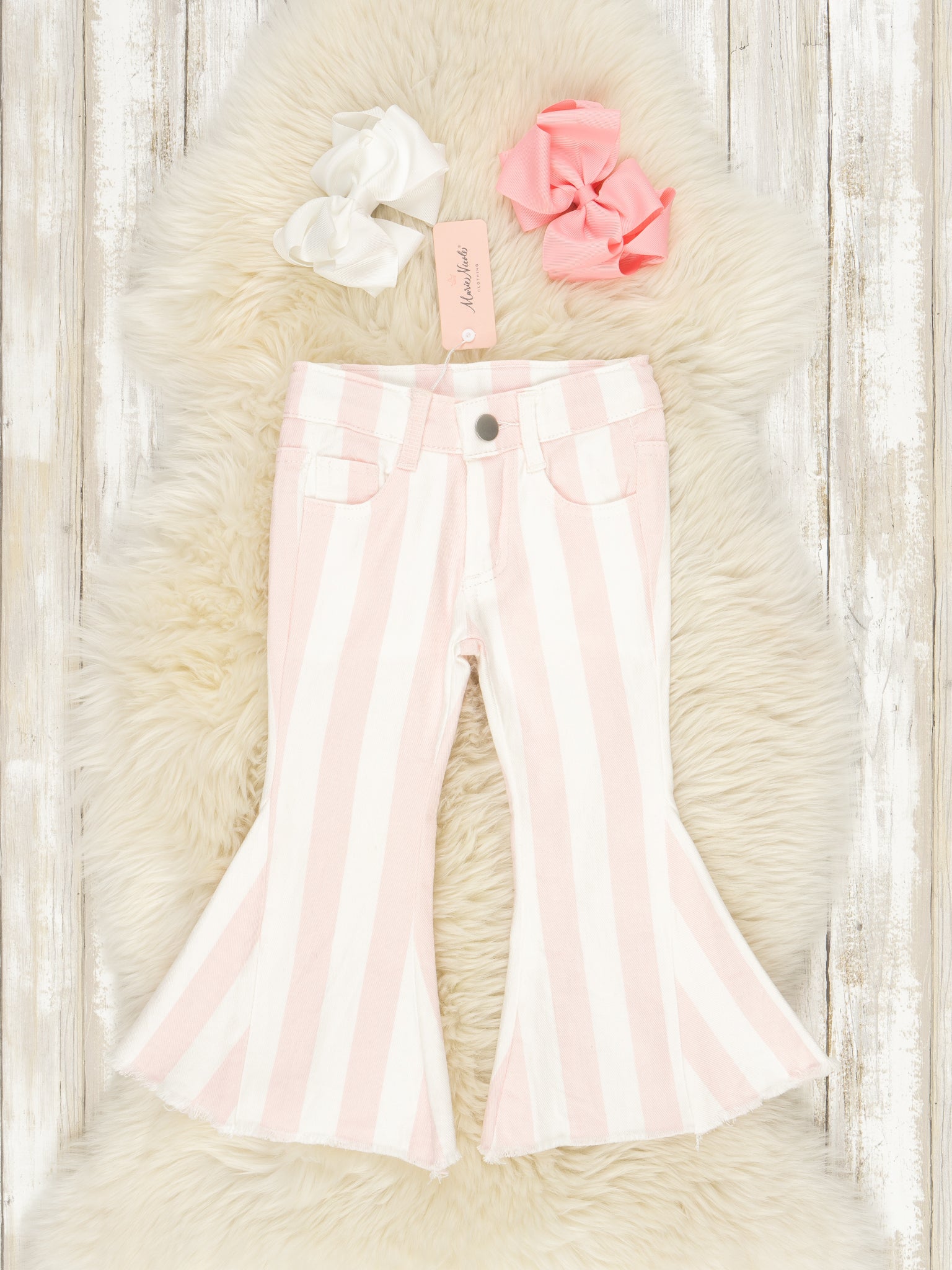 Pink & White Striped Bell Denim Pants - Marie Nicole Clothing