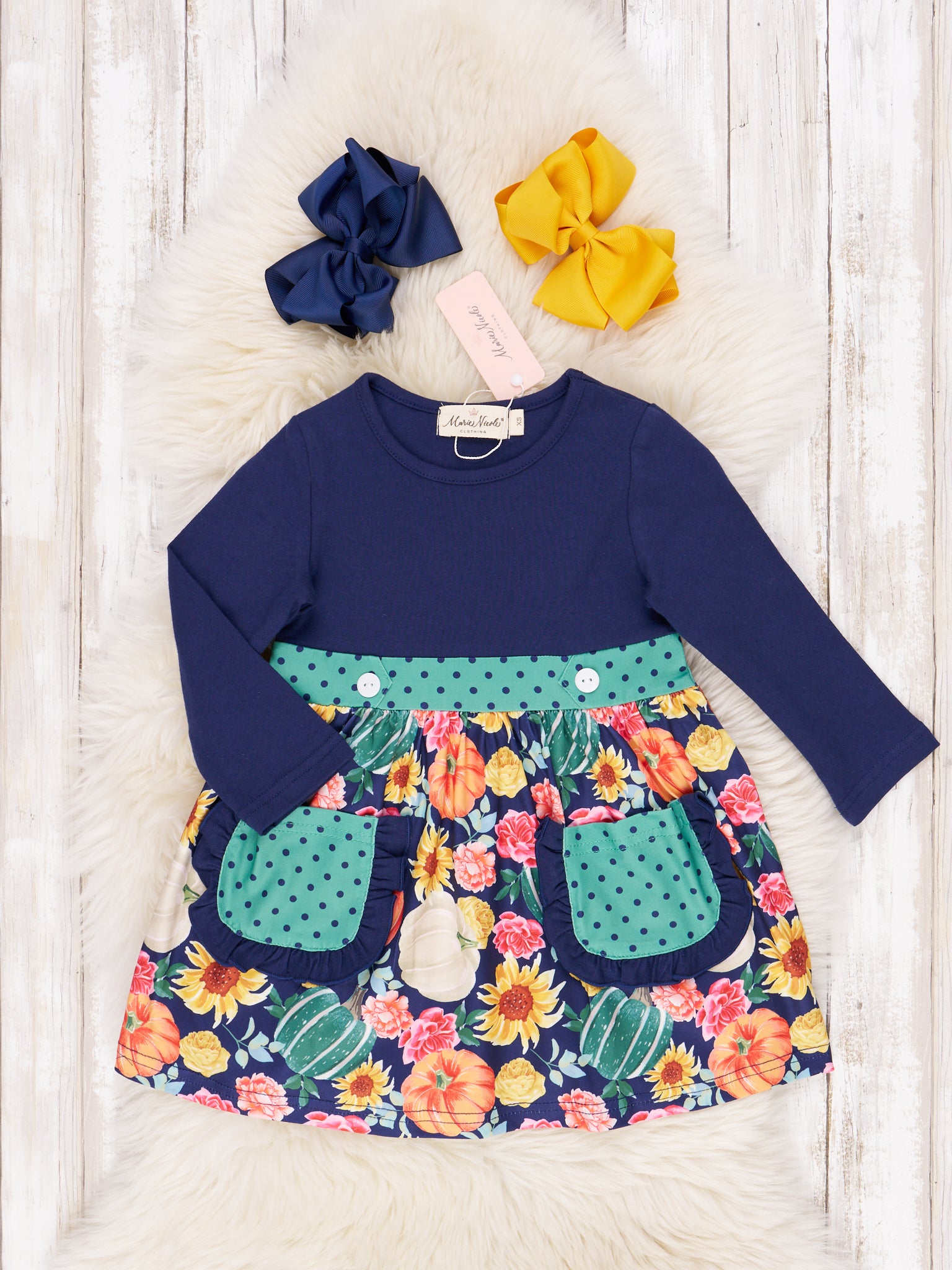 Navy & Teal Dot Pumpkin Ruffle Dress - Marie Nicole Clothing