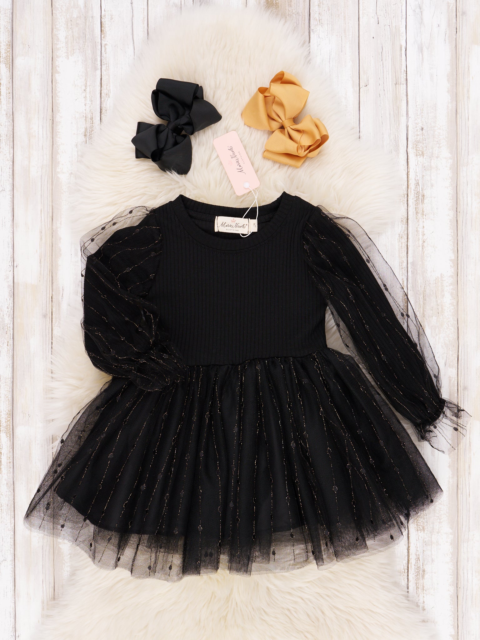 Black Ribbed Tulle Dress - Marie Nicole Clothing
