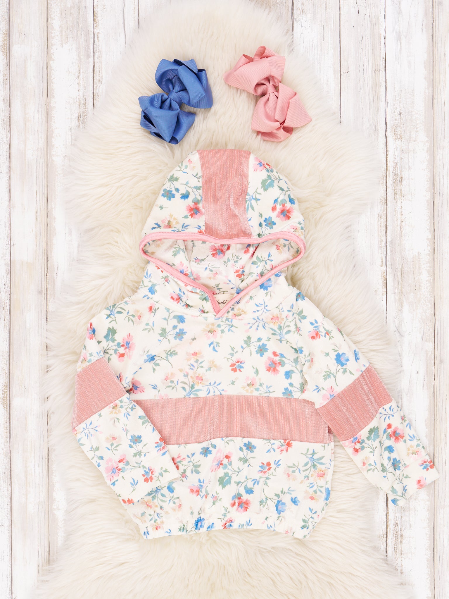 Cream & Pink Velvet Floral Hoodie - Marie Nicole Clothing