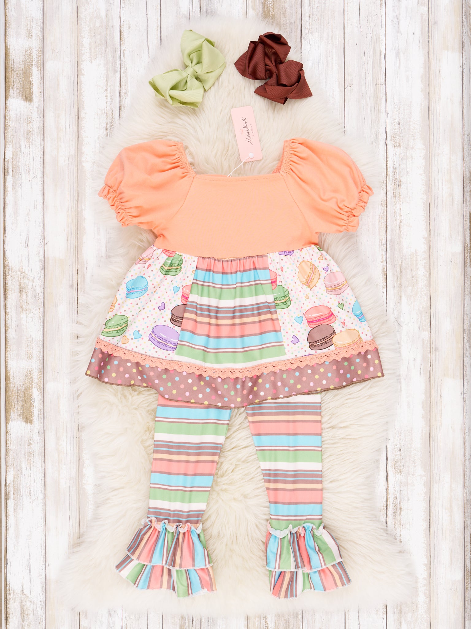 Tangerine & Chocolate Macaron Ruffle Outfit - Marie Nicole Clothing
