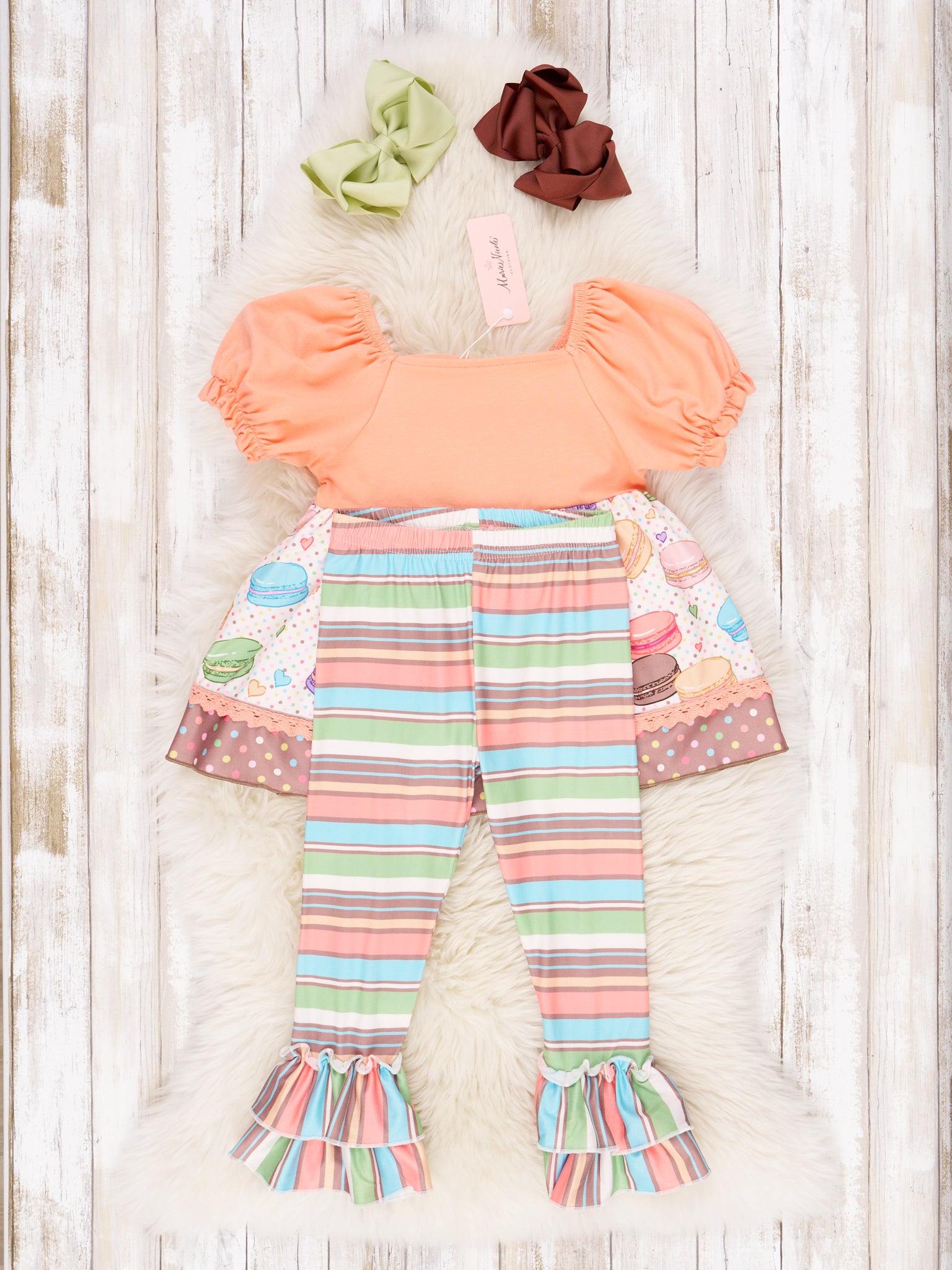 Tangerine & Chocolate Macaron Ruffle Outfit - Marie Nicole Clothing