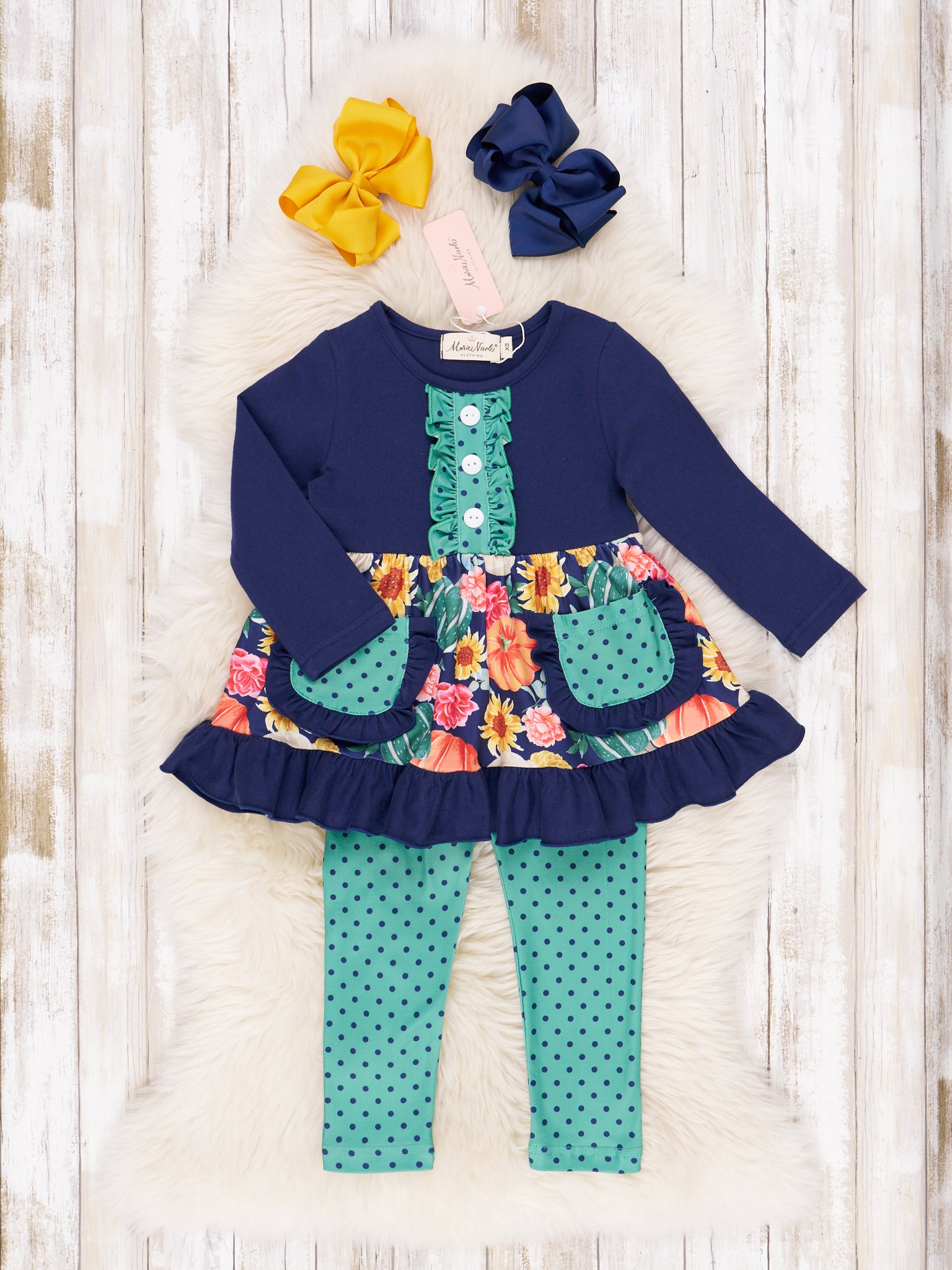 Navy & Teal Dot Pumpkin Ruffle Outfit - Marie Nicole Clothing