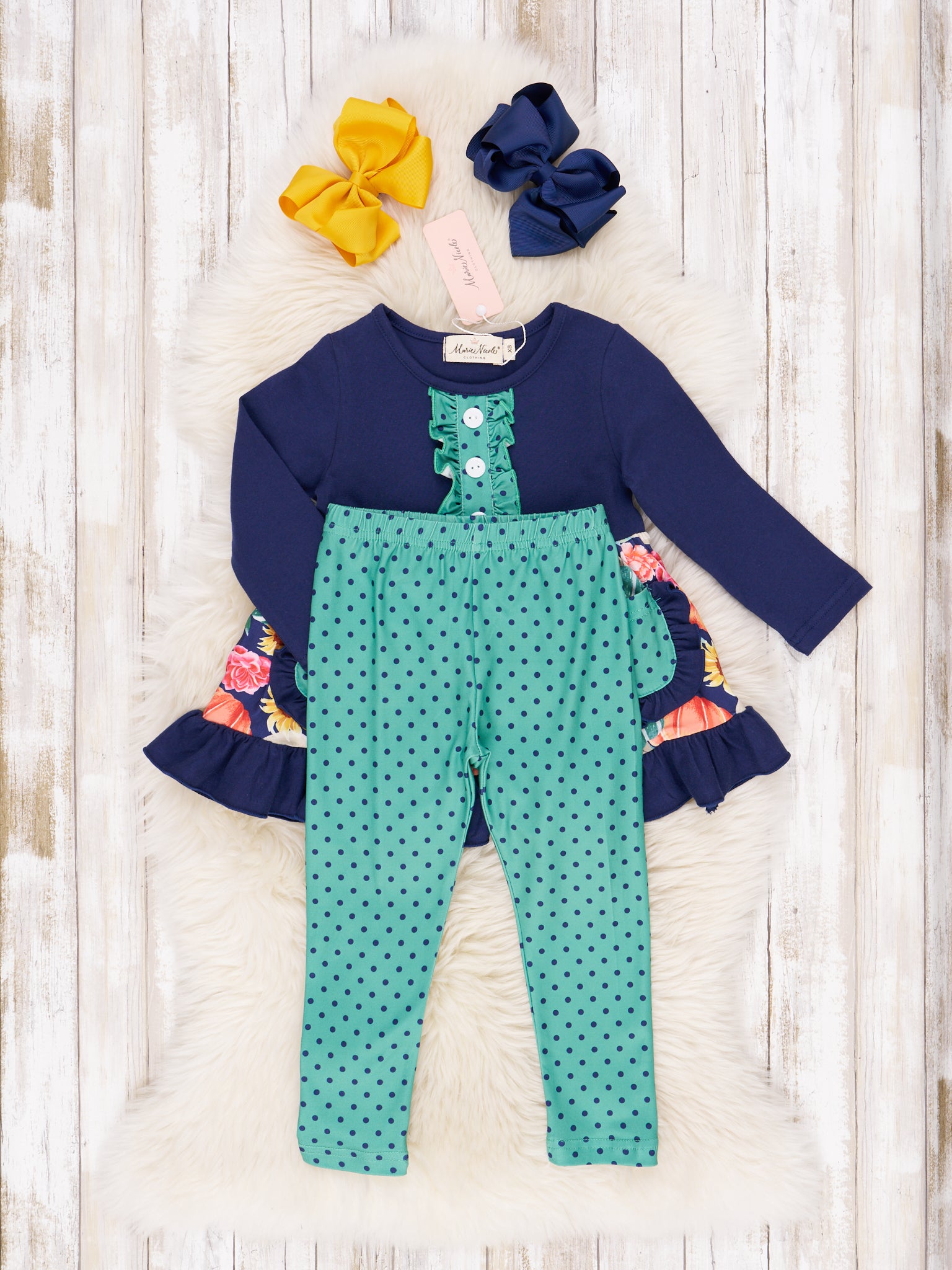 Navy & Teal Dot Pumpkin Ruffle Outfit - Marie Nicole Clothing