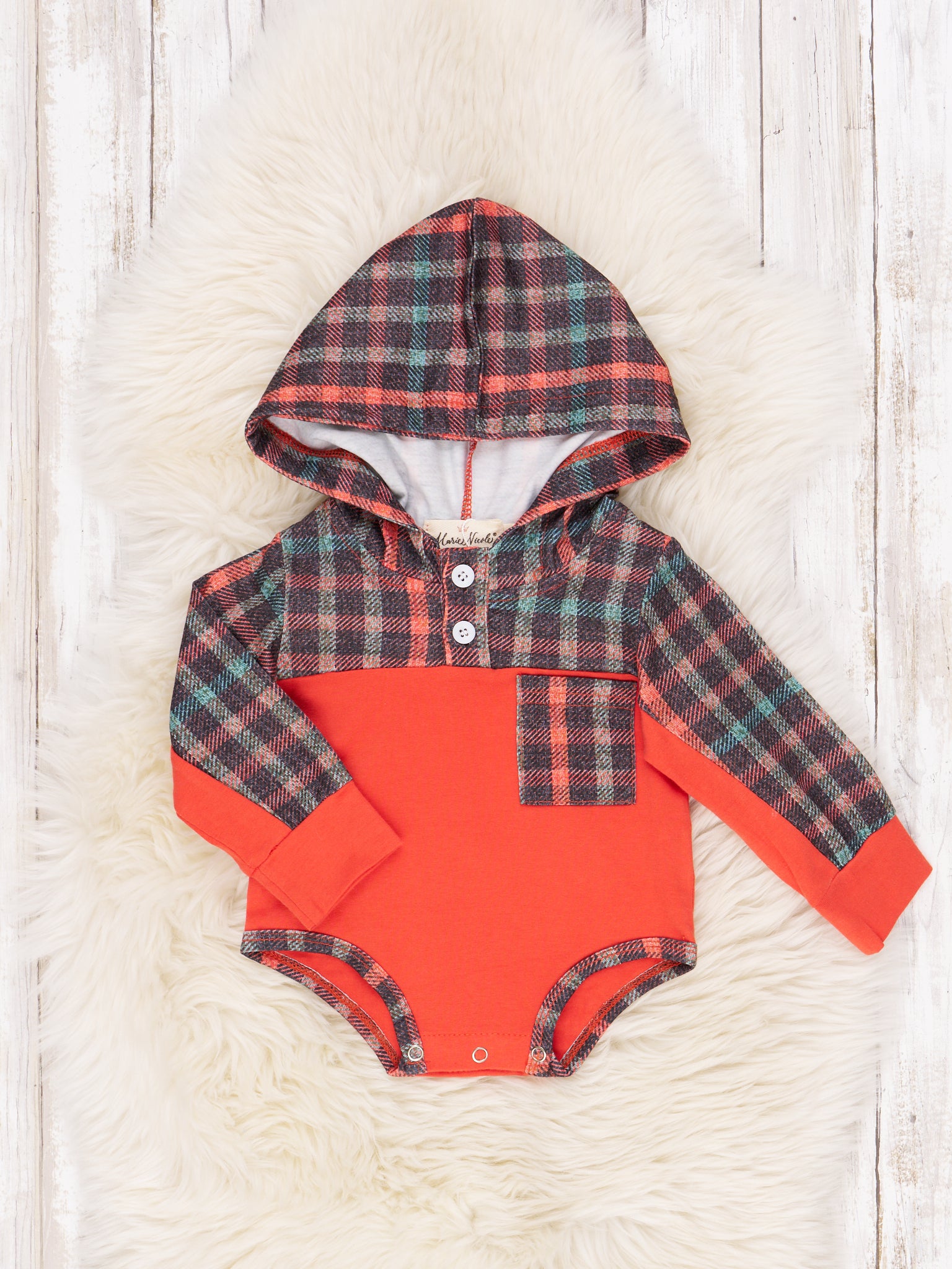 Orange & Green Plaid Hoodie Romper - Marie Nicole Clothing