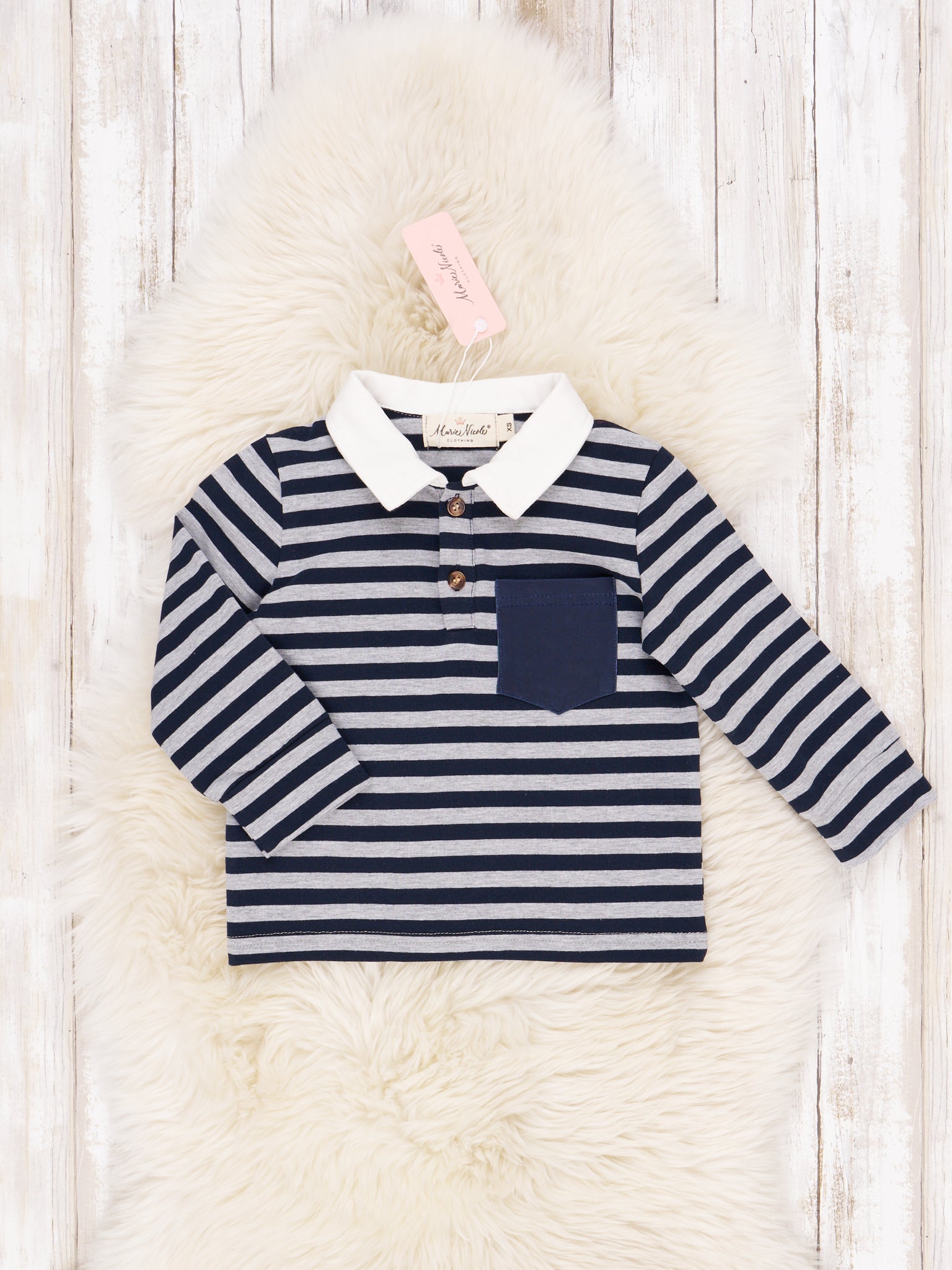 Navy & Grey Striped Pocket Polo Shirt - Marie Nicole Clothing
