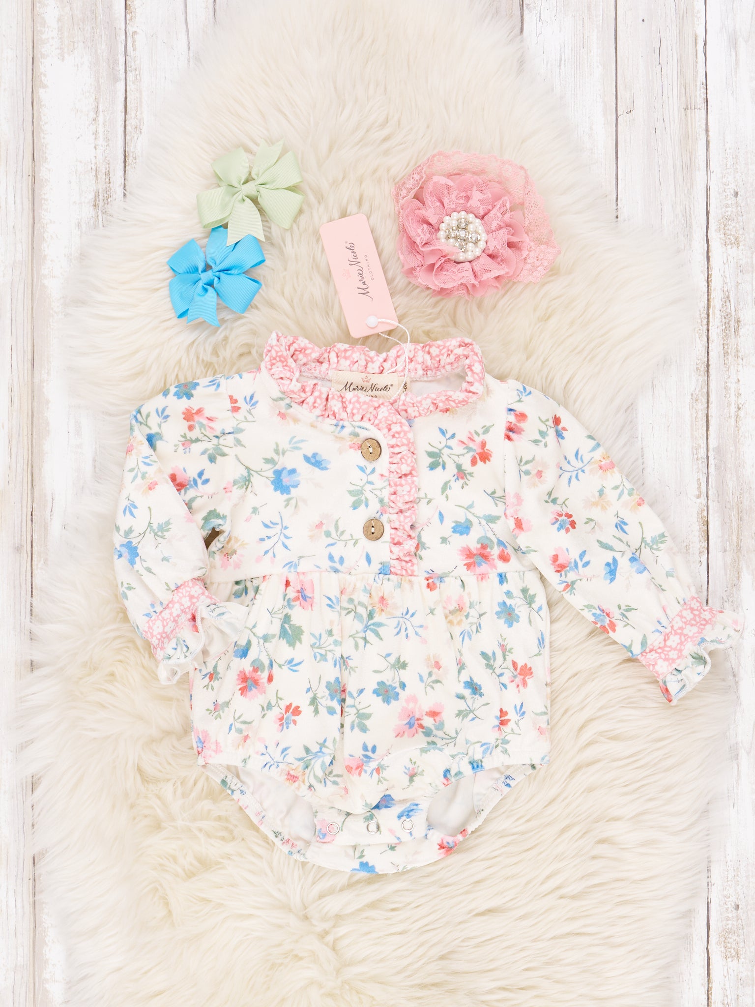 Cream & Pink Velvet Floral Ruffle Bubble Romper - Marie Nicole Clothing