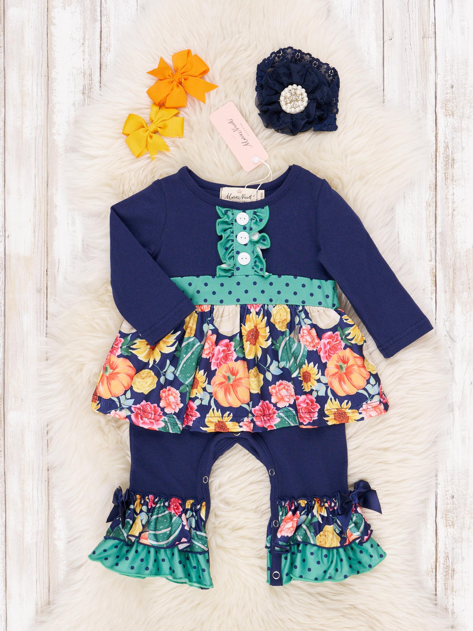 Navy & Teal Dot Pumpkin Ruffle Romper - Marie Nicole Clothing