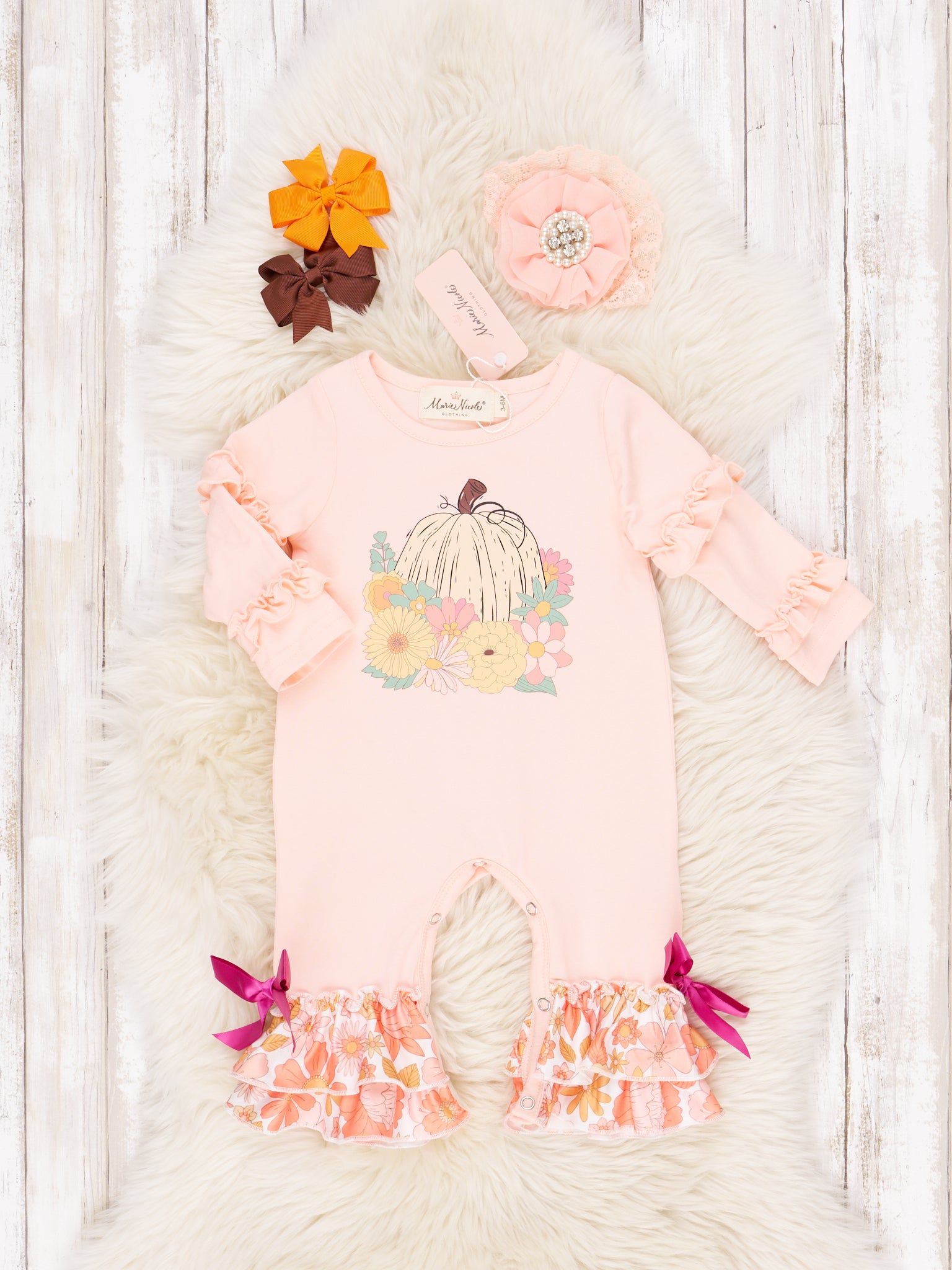 Peach Pumpkin Garden Ruffle Romper - Marie Nicole Clothing