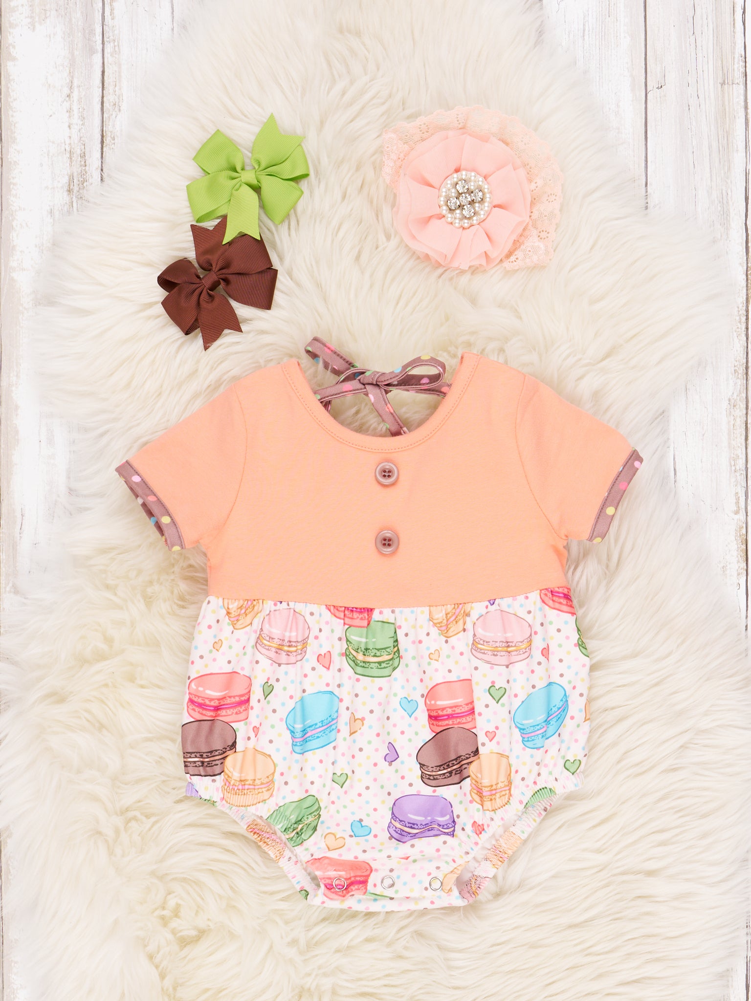 Tangerine & Chocolate Macaron Ruffle Bubble Romper - Marie Nicole Clothing