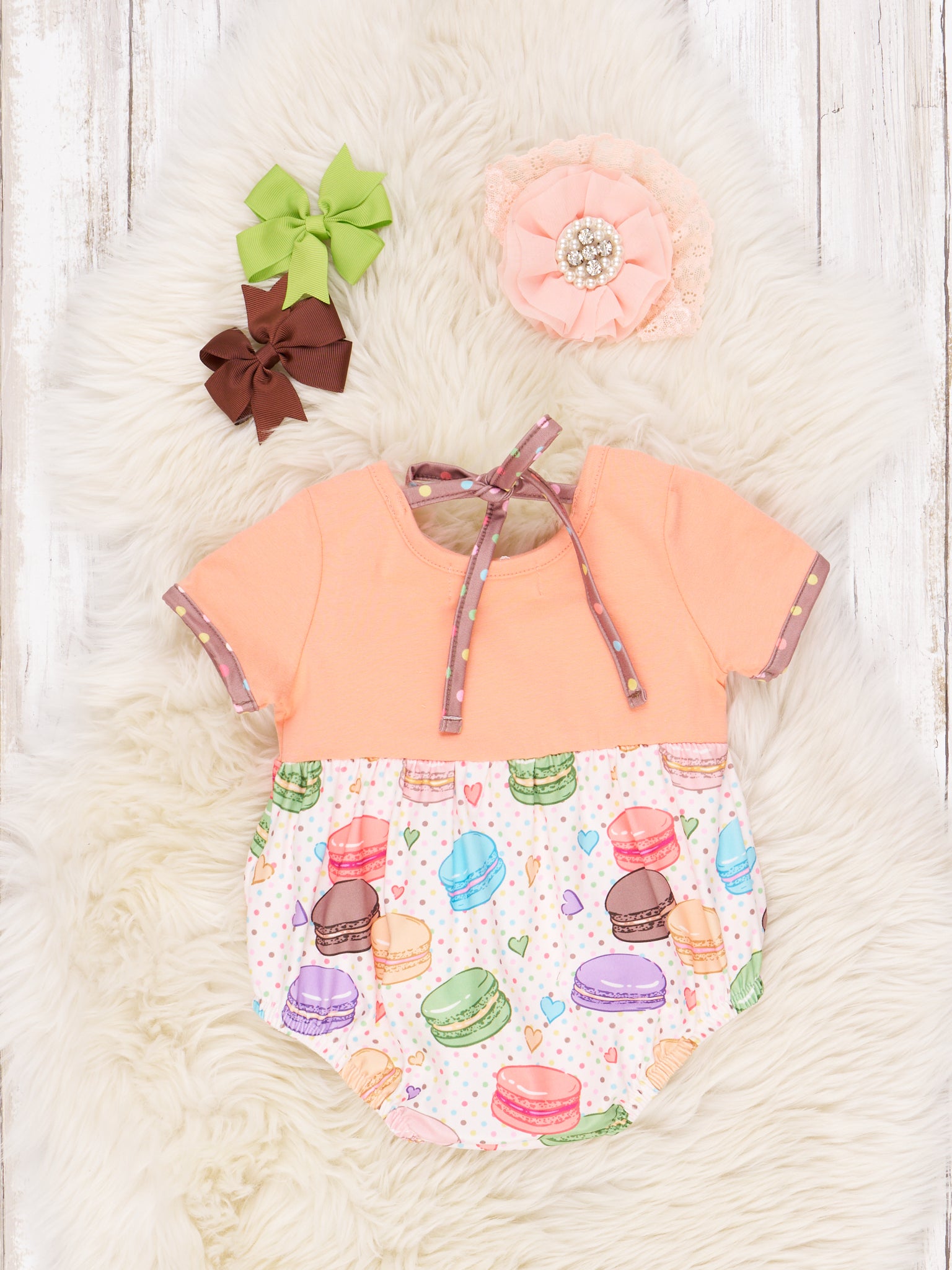 Tangerine & Chocolate Macaron Ruffle Bubble Romper - Marie Nicole Clothing