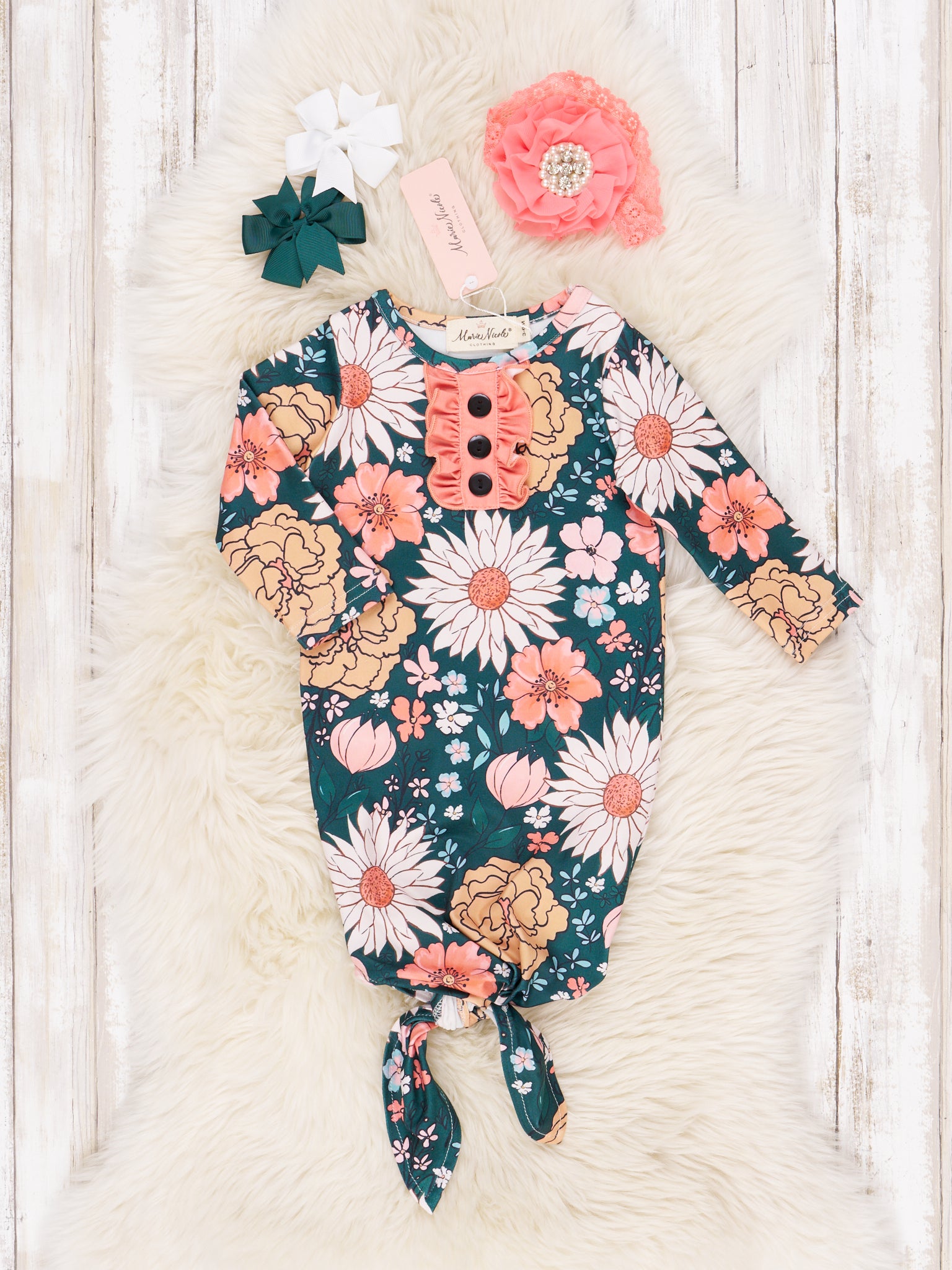 Coral & Green Autumn Blooms Knot Gown - Marie Nicole Clothing