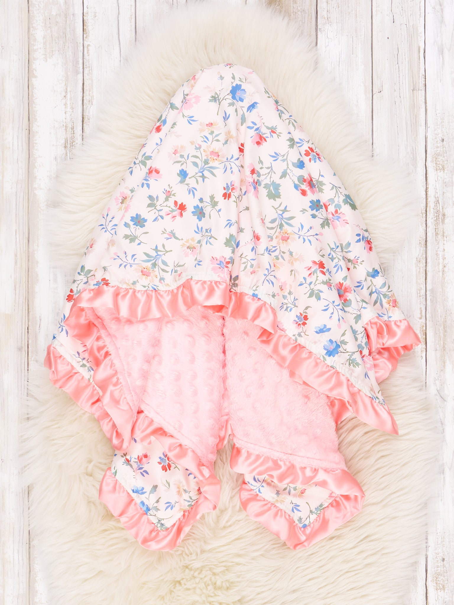 Cream & Pink Velvet Floral Ruffle Blanket - Marie Nicole Clothing