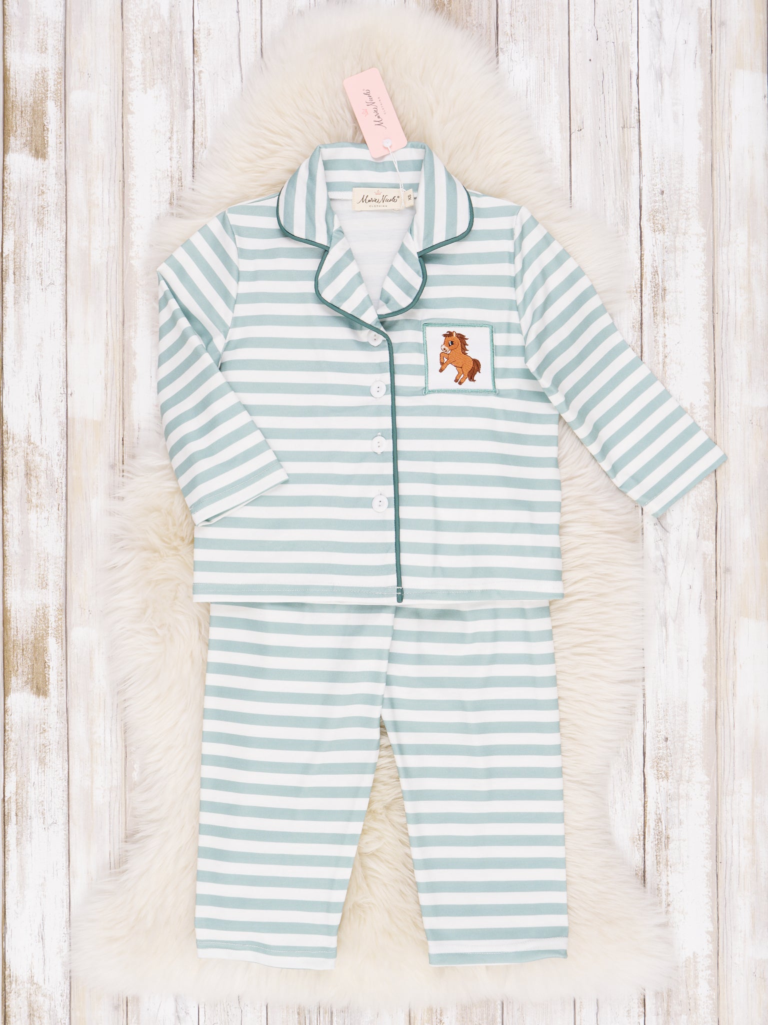 Green & White Stripe Embroidered Horse Pajamas - Boys & Girls - Marie Nicole Clothing