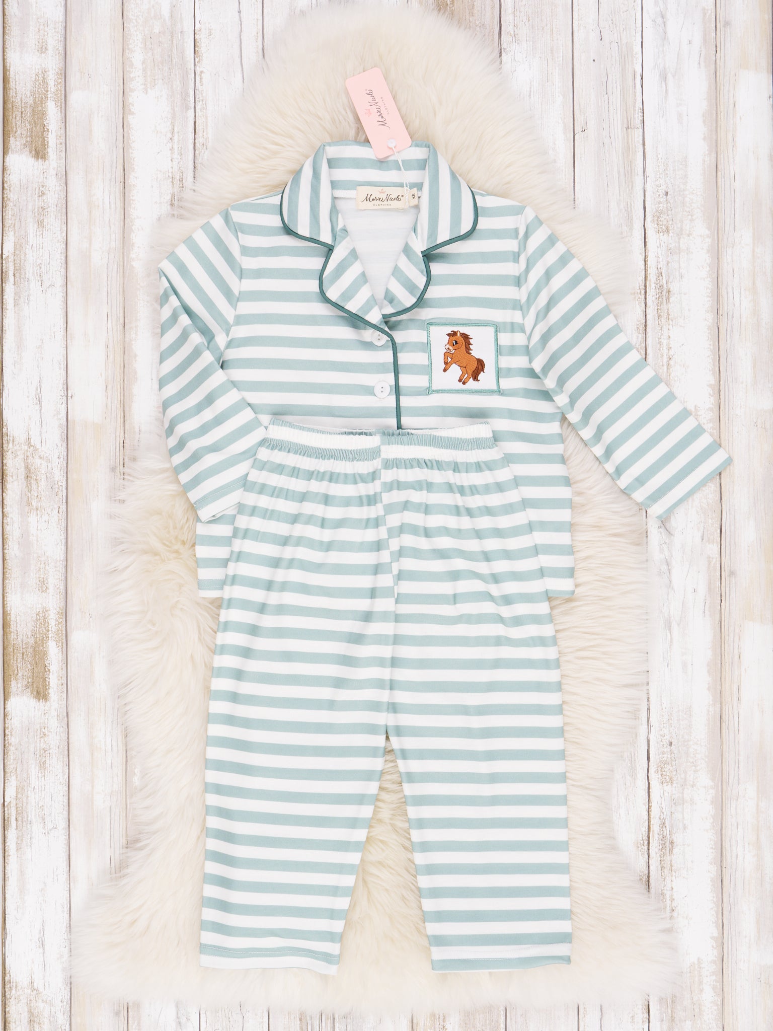Green & White Stripe Embroidered Horse Pajamas - Boys & Girls - Marie Nicole Clothing