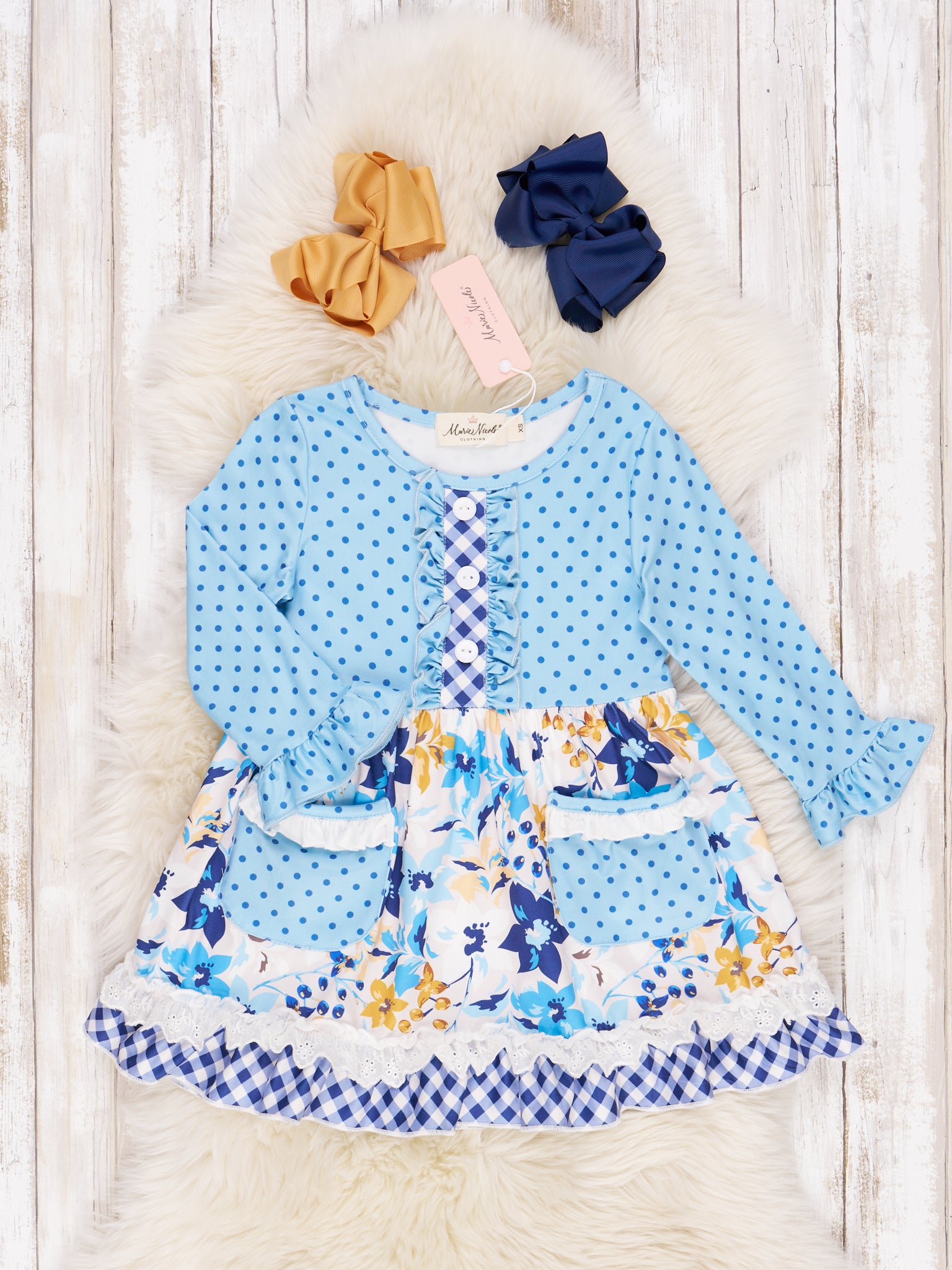 Blue Floral & Gingham Ruffle Dress - Marie Nicole Clothing