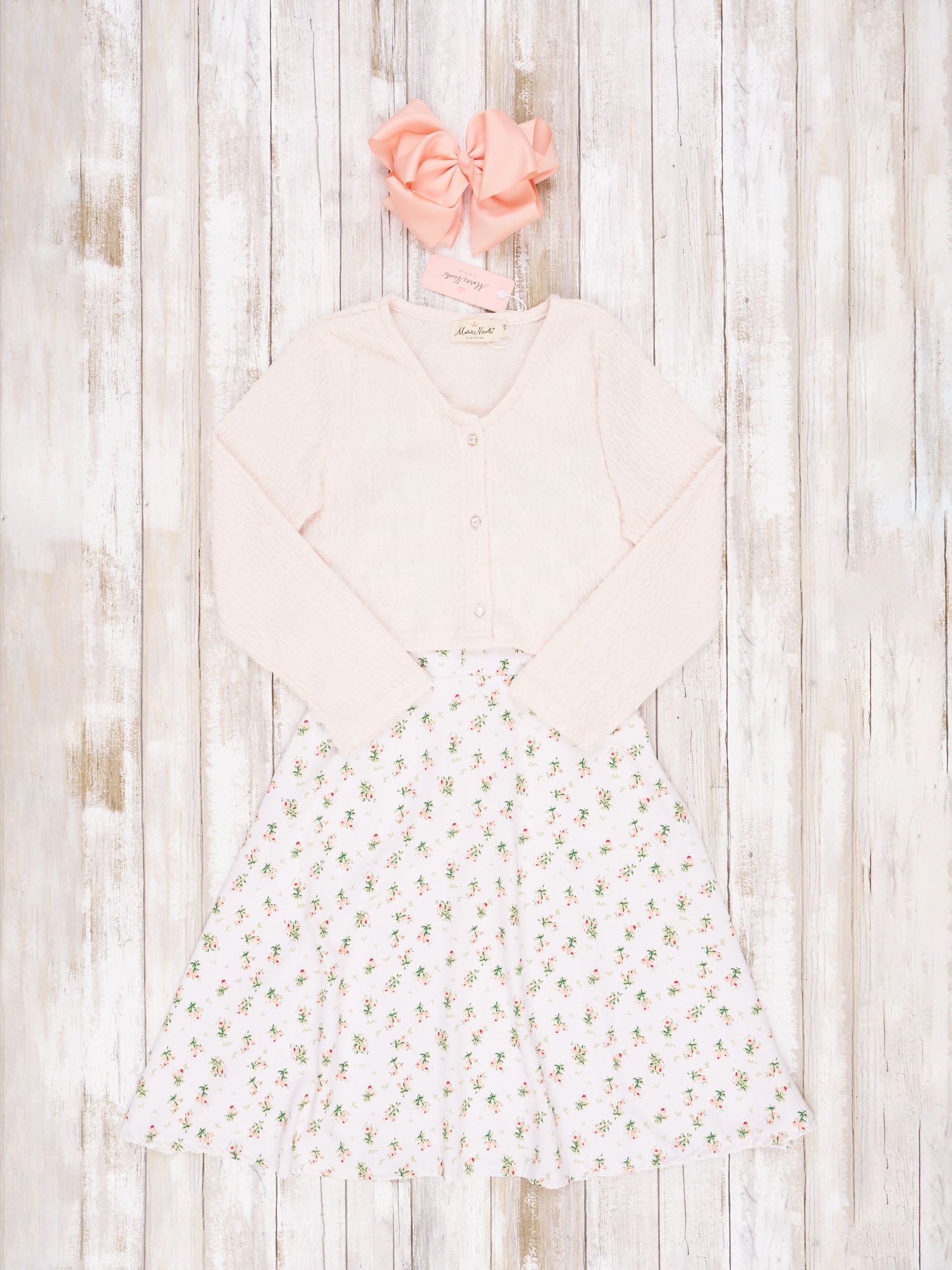 Pre - Teen Floral Cream Elegant Pleat Dress & Cardigan - Marie Nicole Clothing
