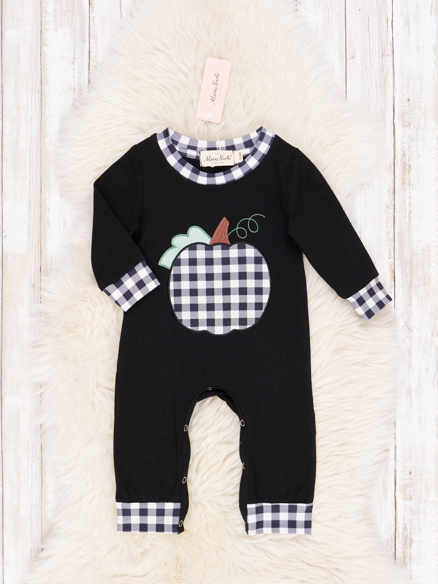 Black & White Gingham Pumpkin Romper - Marie Nicole Clothing