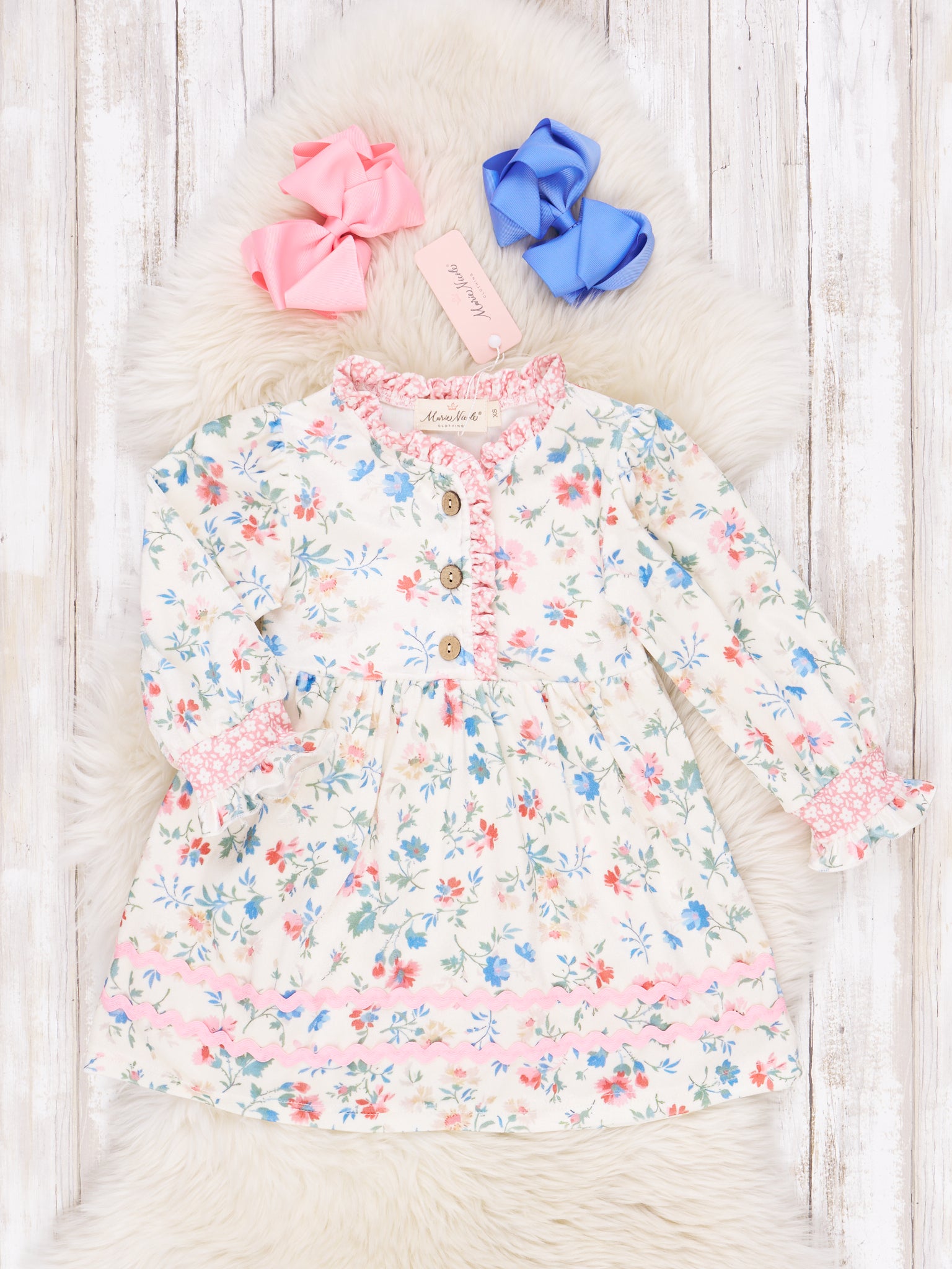 Cream & Pink Velvet Floral Ruffle Dress - Marie Nicole Clothing